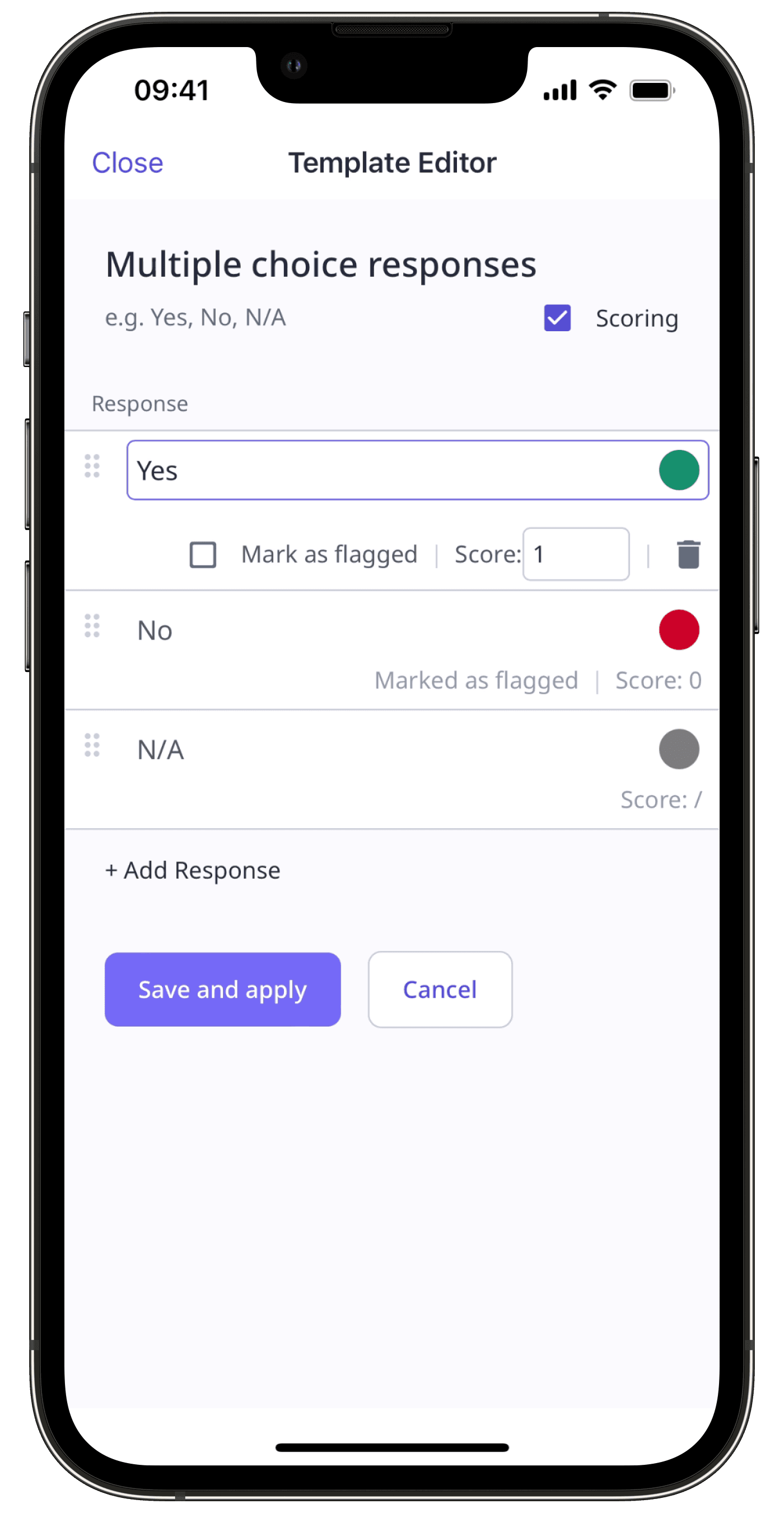 Update a custom response set in a template via the mobile app