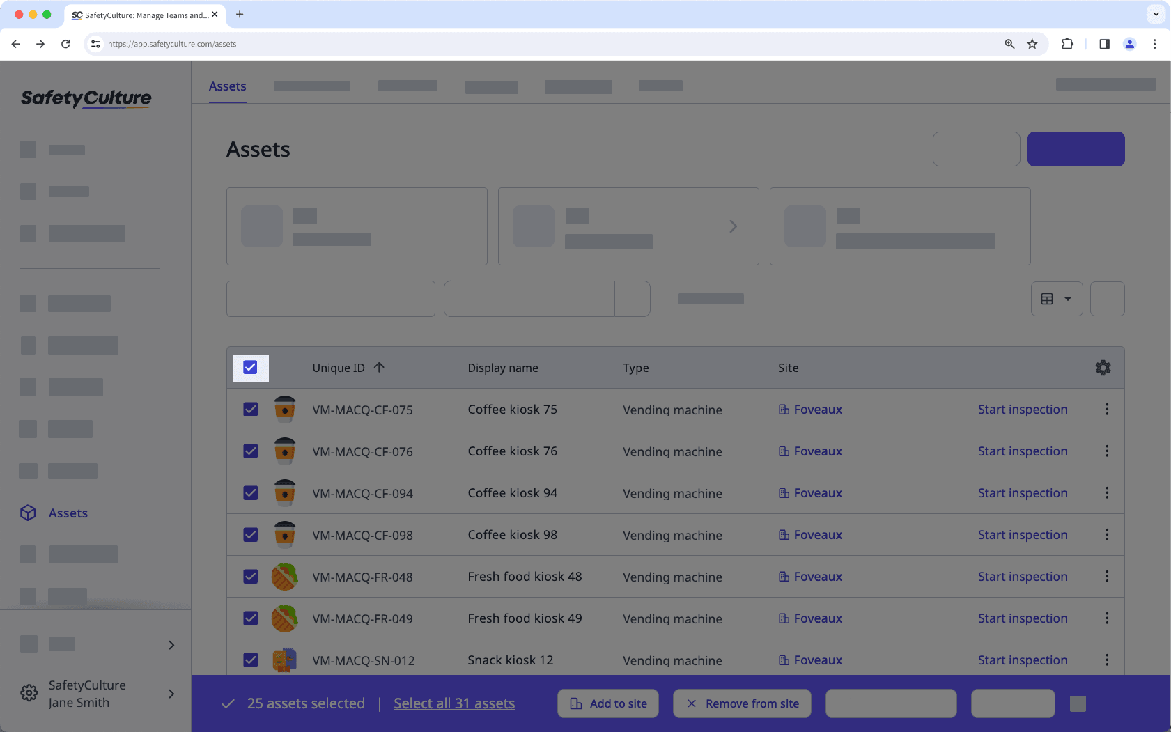 Check the box in the table header to select all visible assets to add to or remove from a site via the web app.
