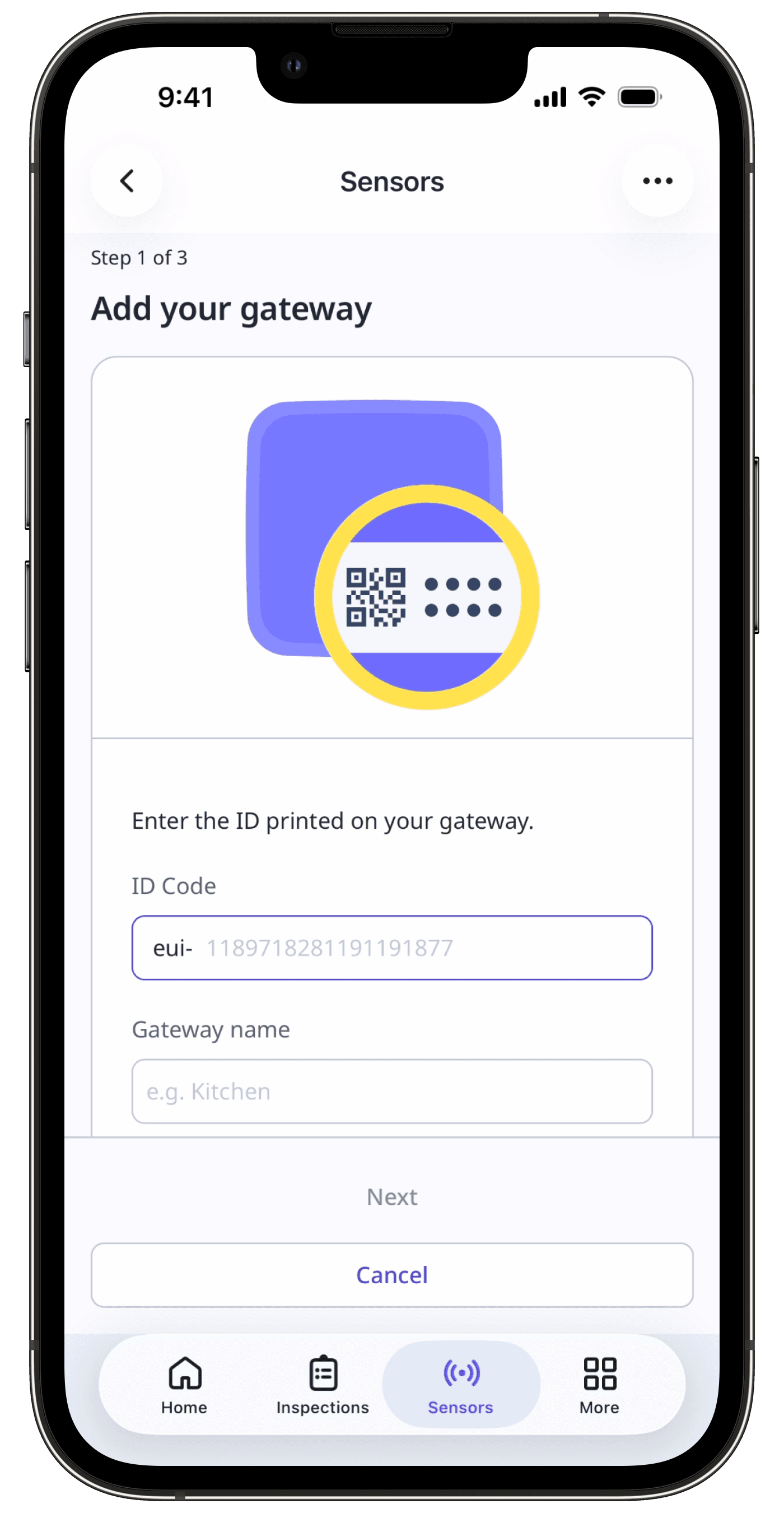 The 'Add your gateway' screen displaying input fields for the ID code and Gateway name.