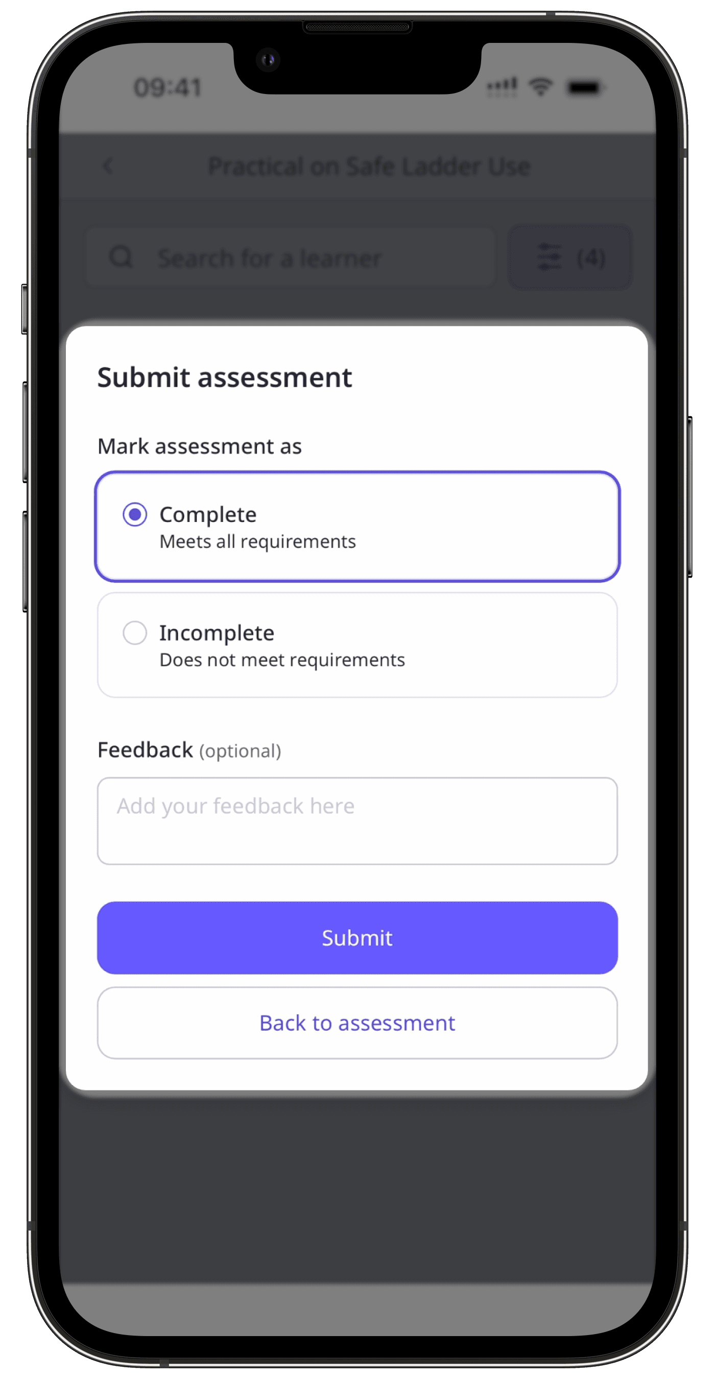 The practical assessment screen with the ‘Complete’ and ‘Incomplete’ options visible in the mobile app.