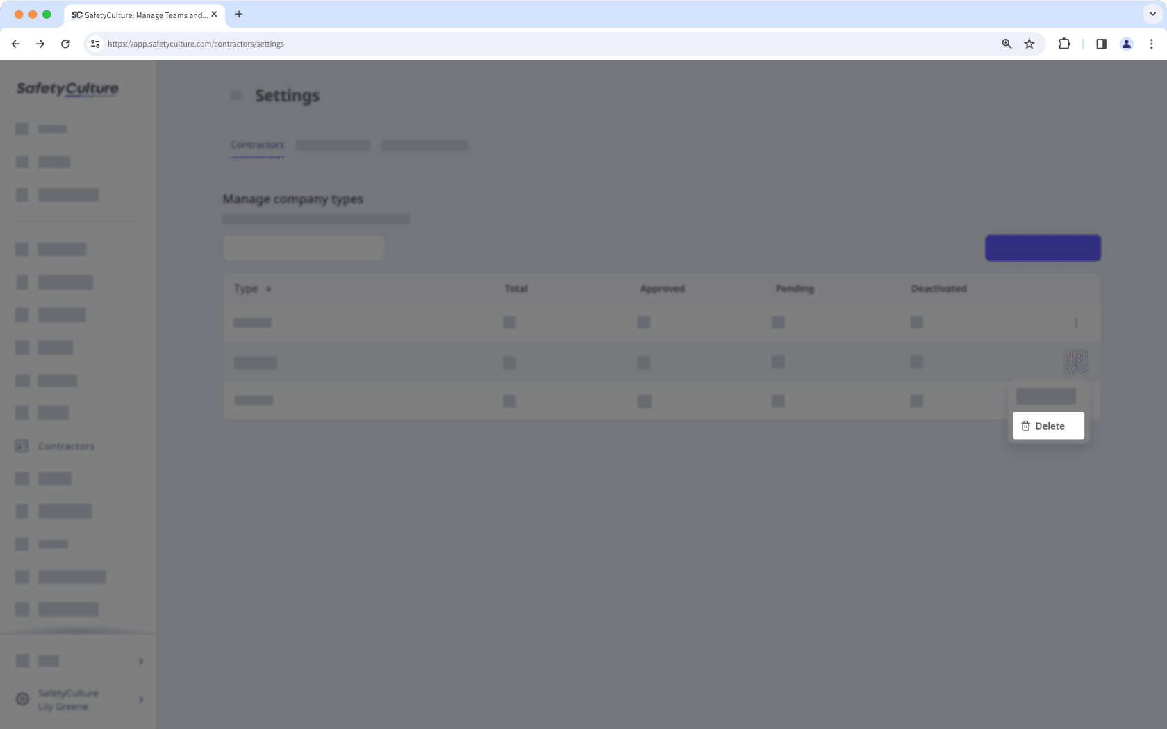 Delete a company type via the web app.