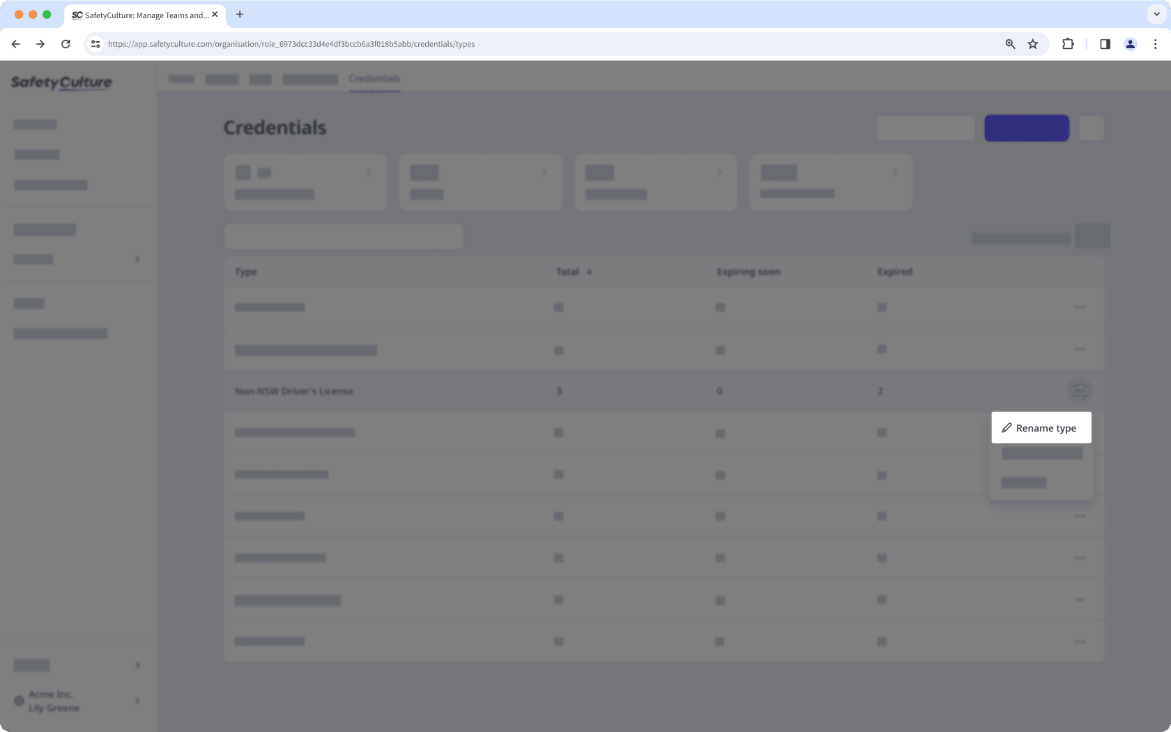 The credential type page with the option to rename a type visible.