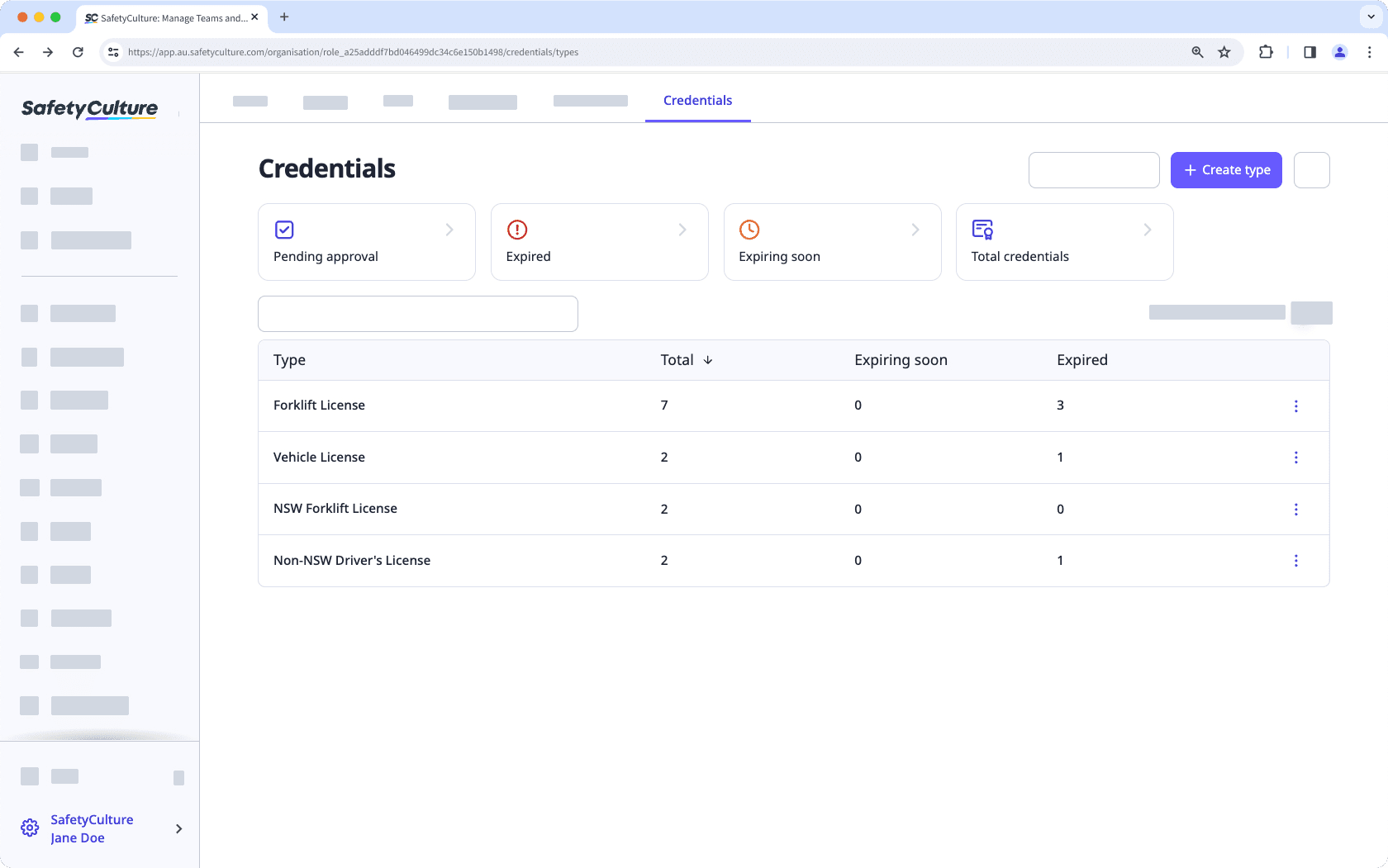 The Credentials page showing different types of credentials on the web app.