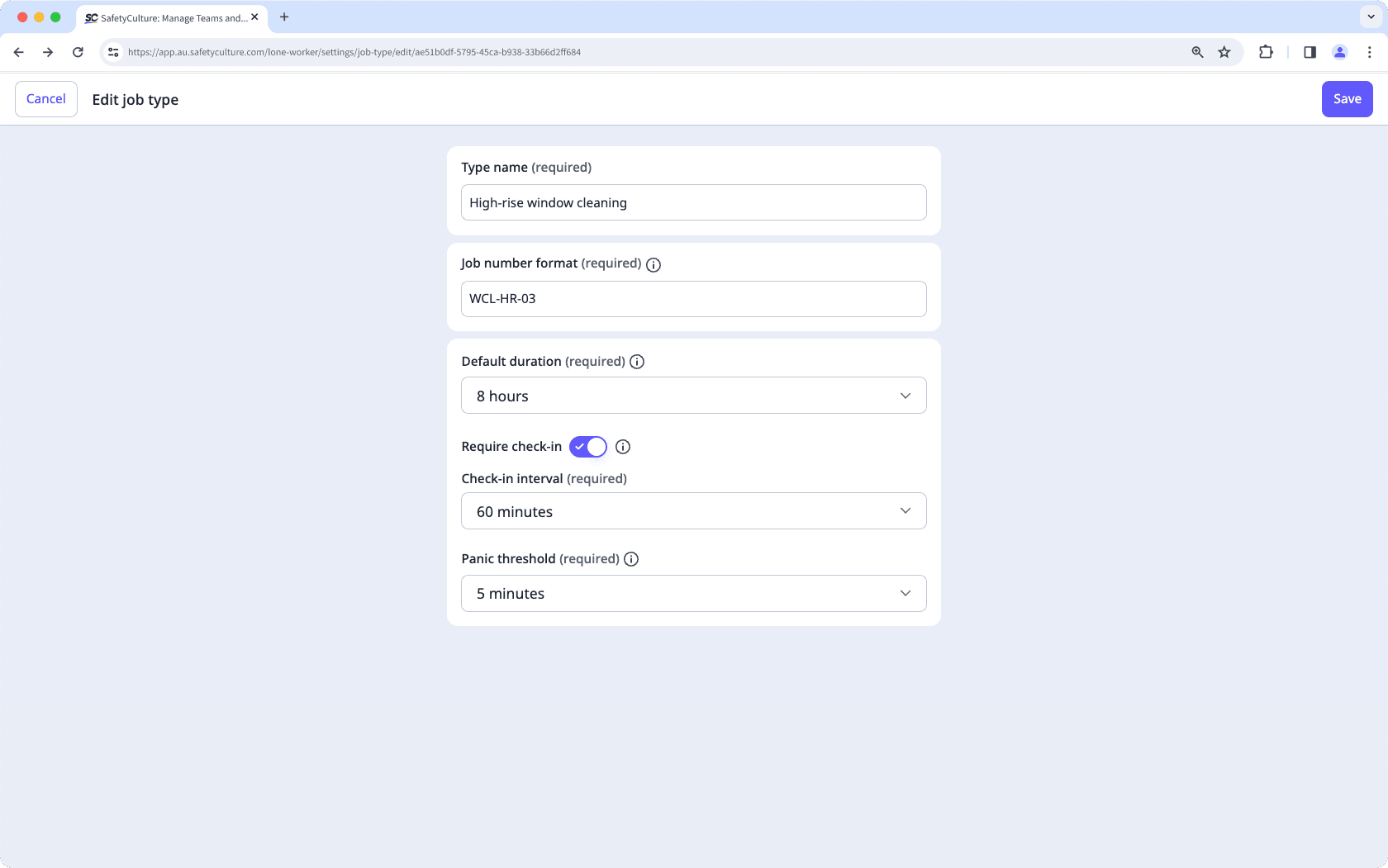 An example of a job type's settings in the Lone Worker feature on the web app.