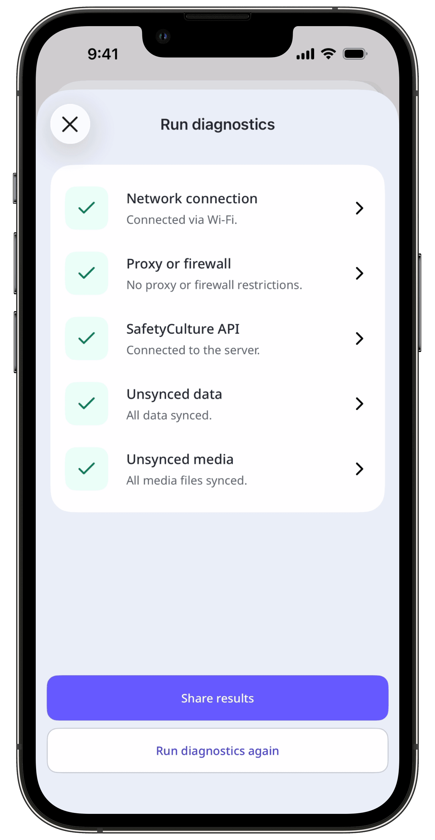 The Run Diagnostics page showing diagnostic results.