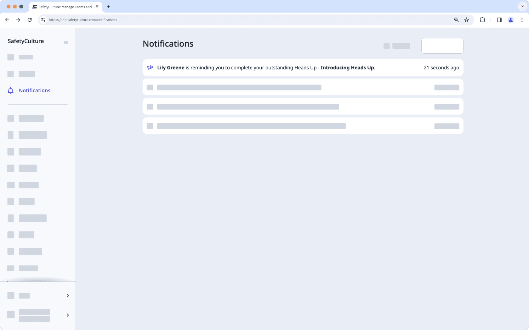 A Heads Up reminder notification shown in the web app.