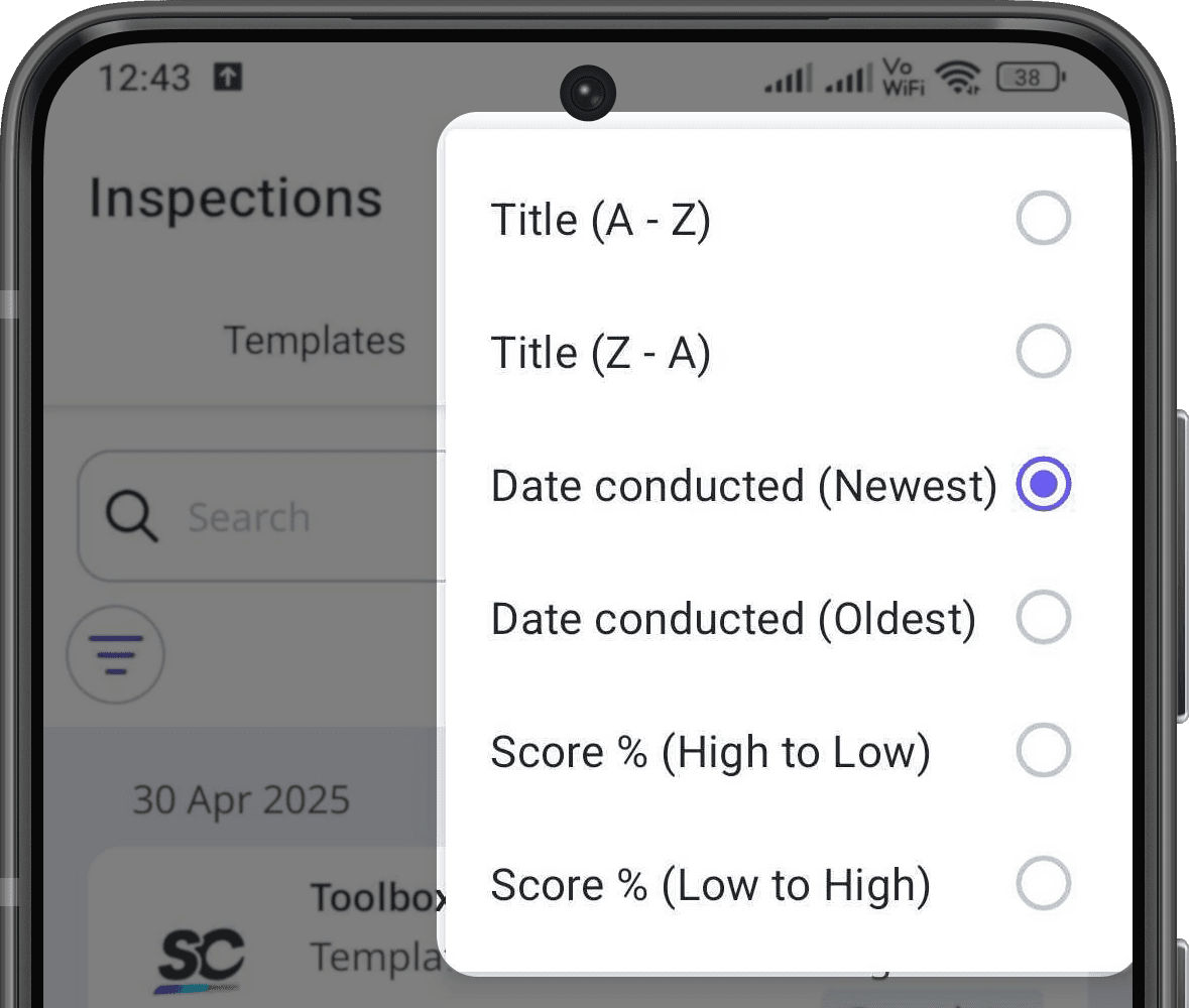 Sort your inspections via the Android mobile app.