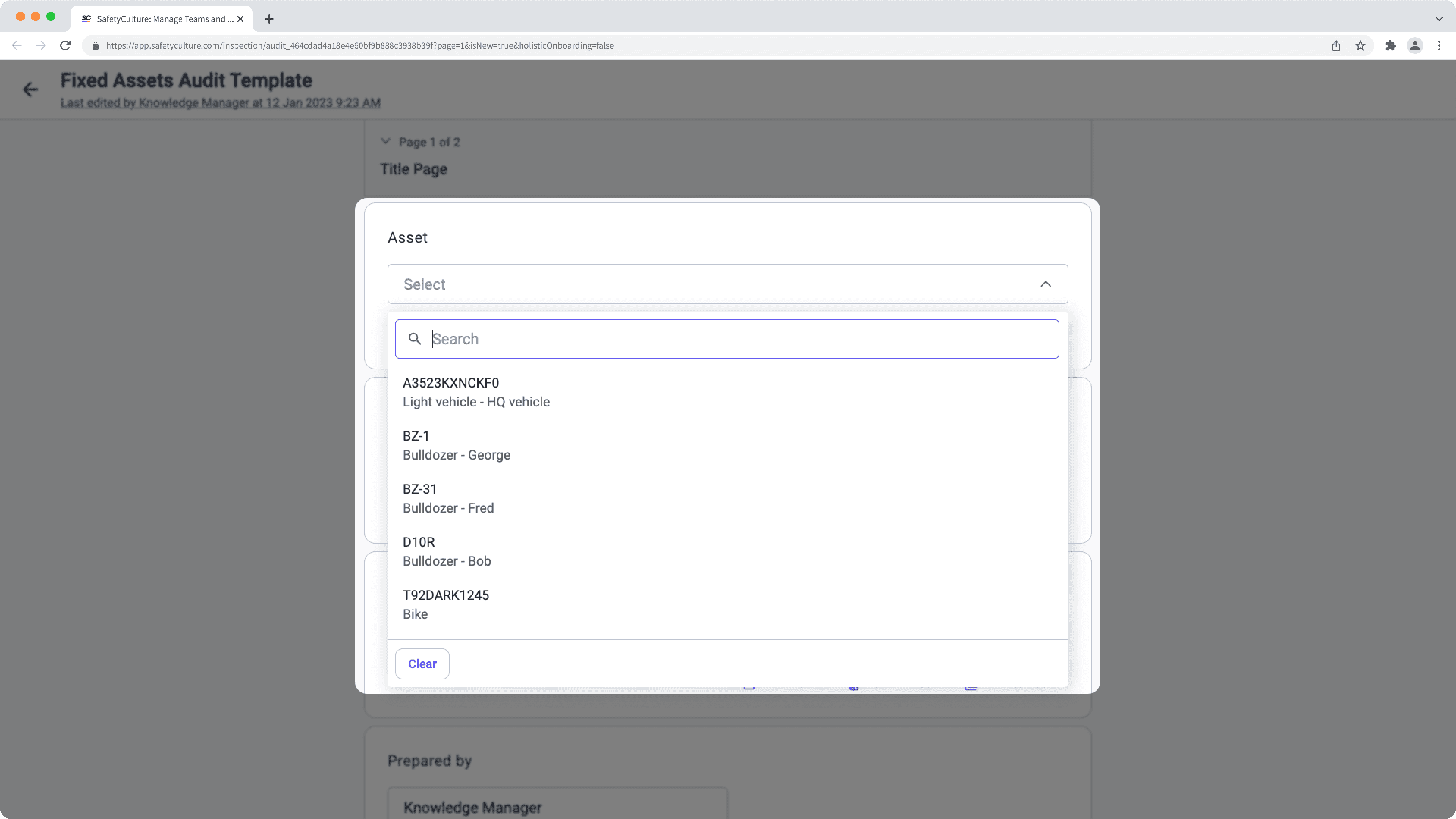 A asset question's dropdown menu showing all assets on the web app.