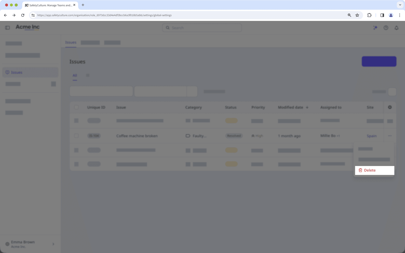 The Issues page showing the option to delete an issue.