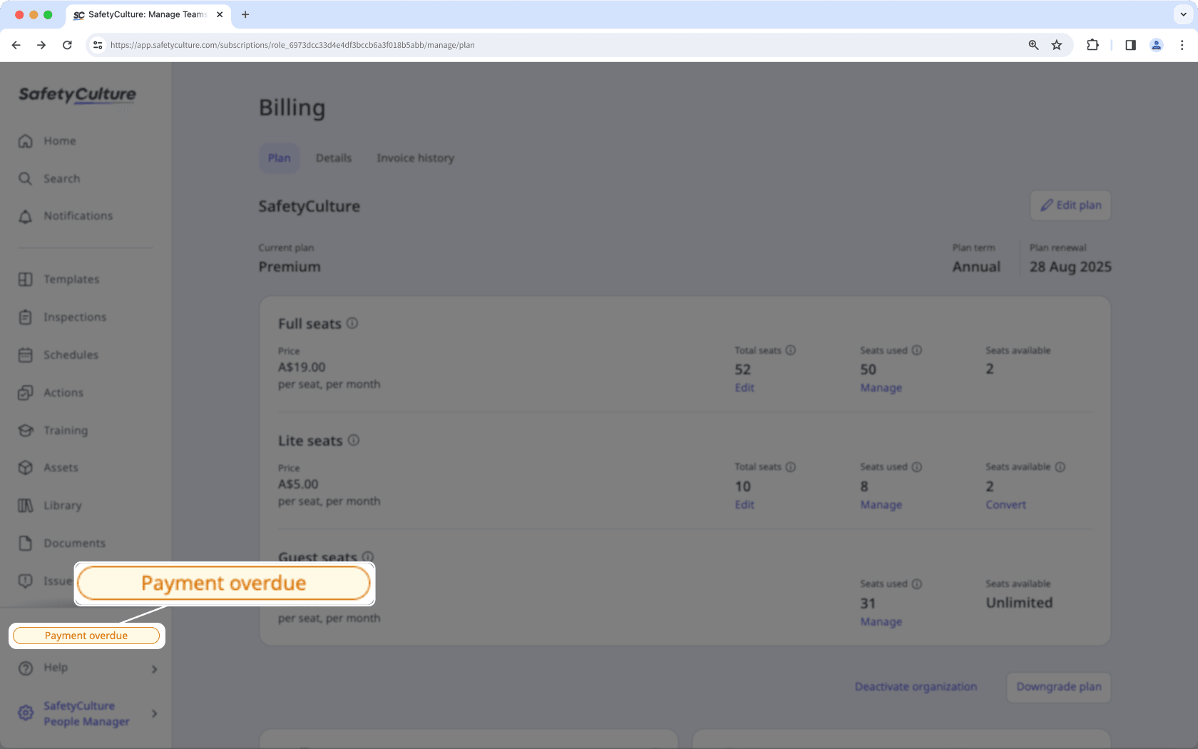 An example of the "Payment overdue" message on the web app.