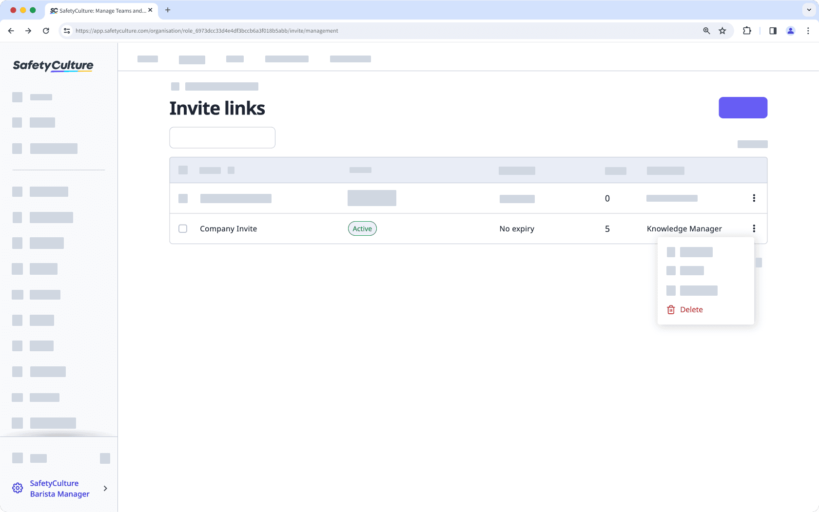 Delete an invite link via the web app.