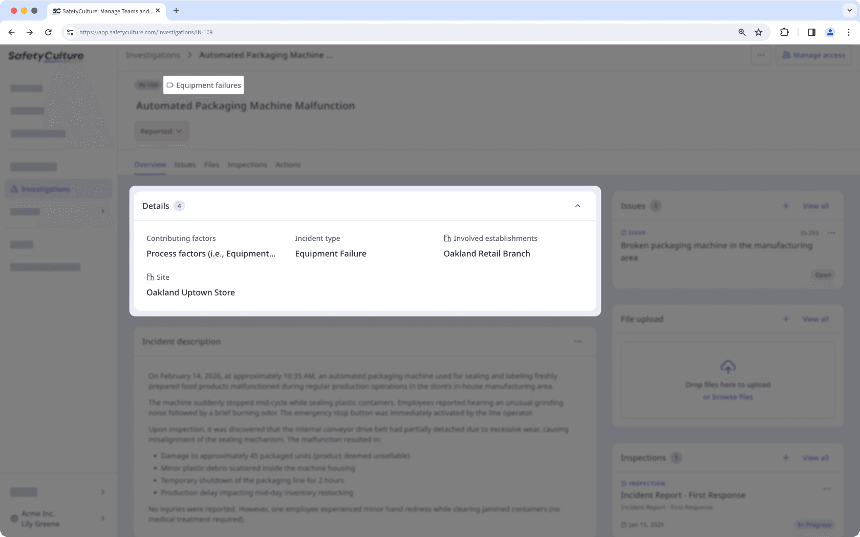 Investigation profile showing the category and detail field.