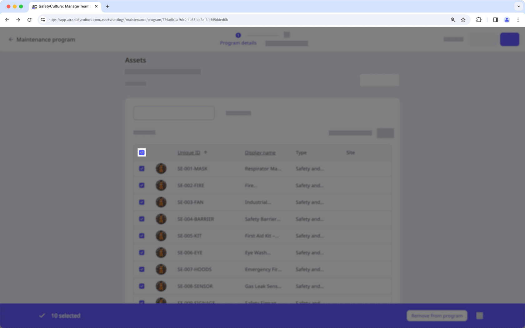 Check the box in the table header to select all visible assets to add to or remove from a site via the web app.