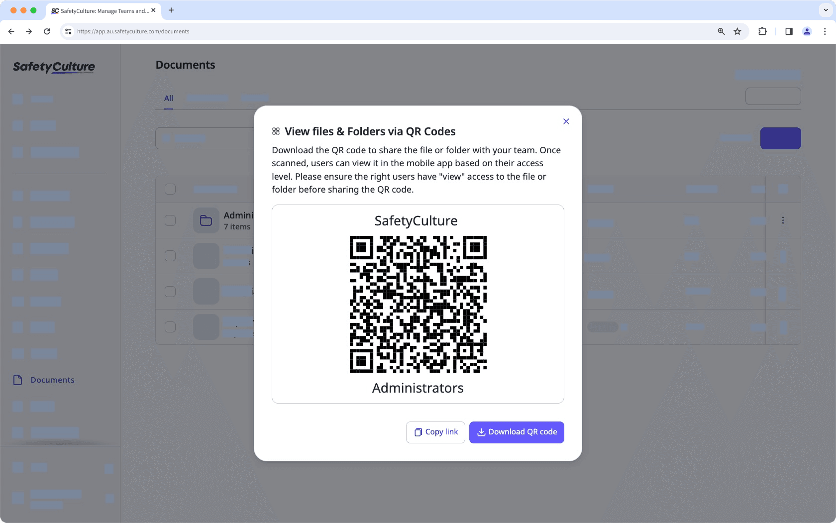Create a QR code for a file or folder via the web app.
