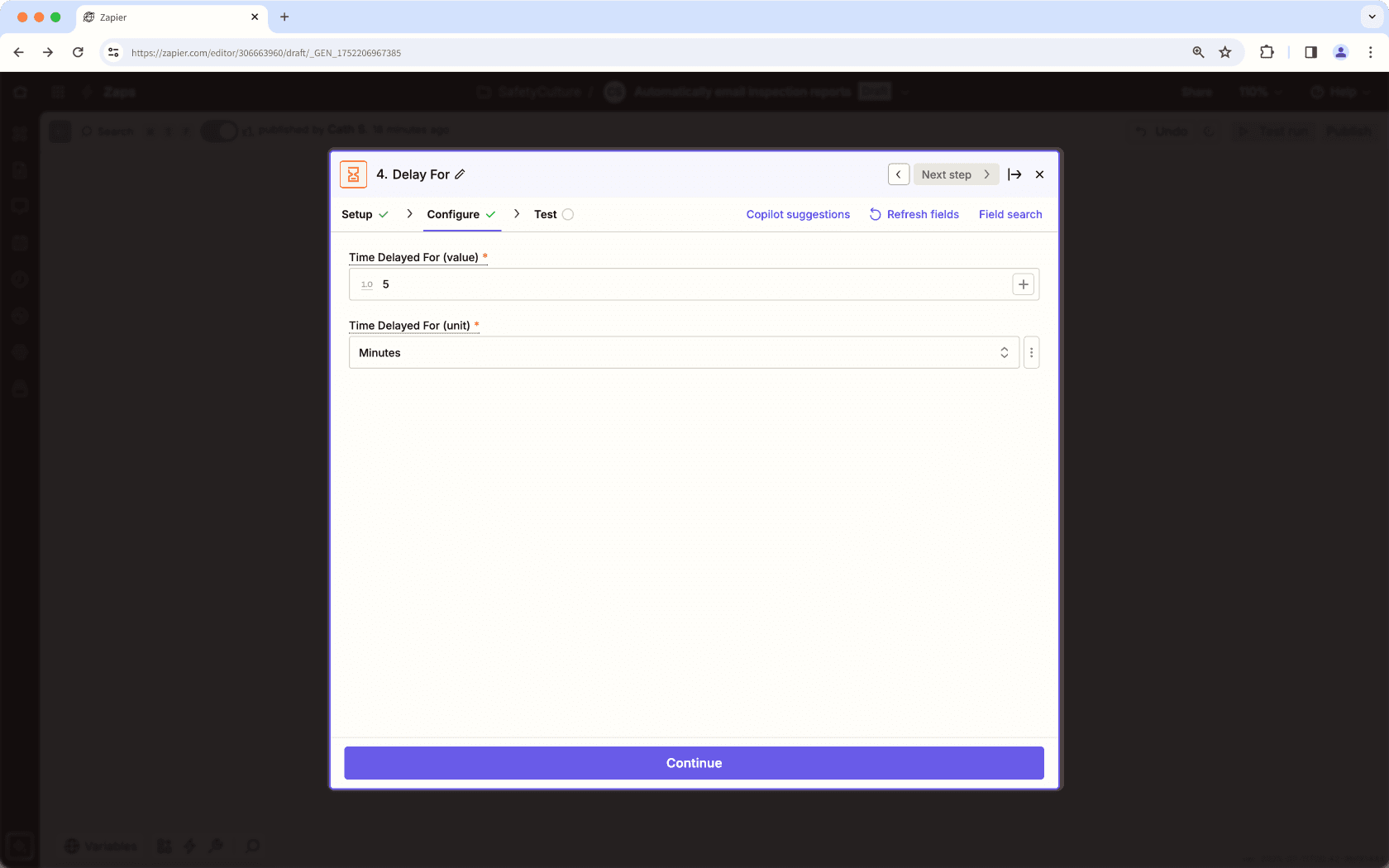 An example of the Delay For configuration in Zapier.