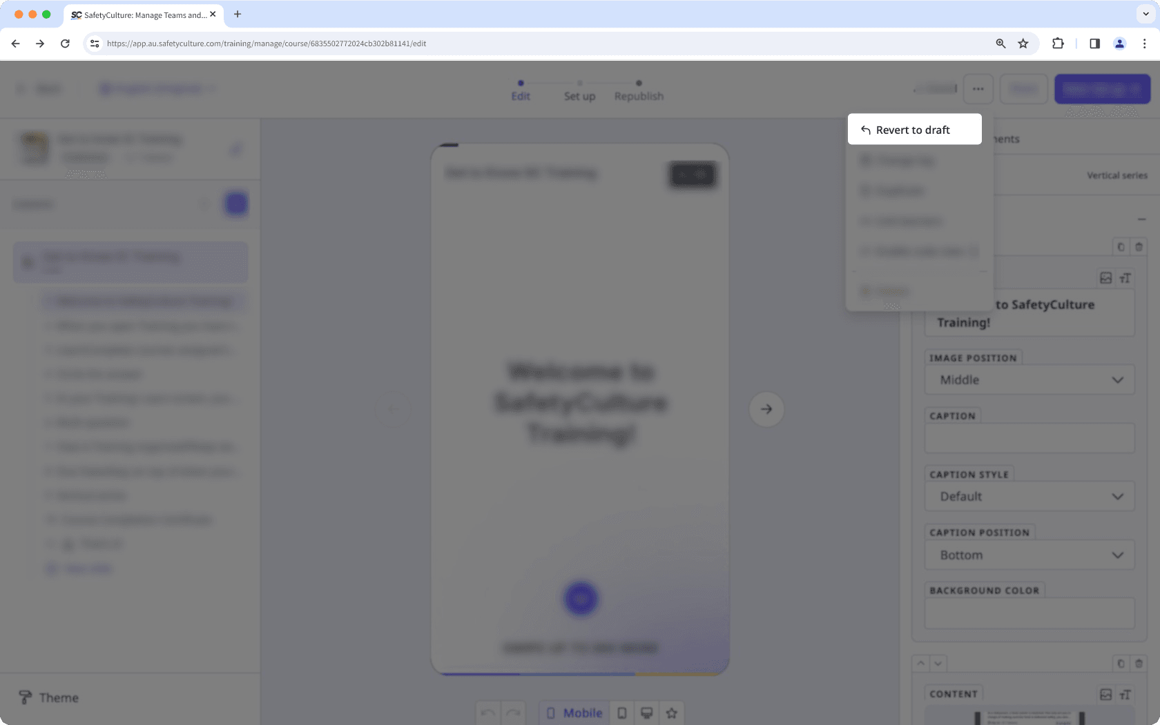 Revert a selected course to draft via the web app.