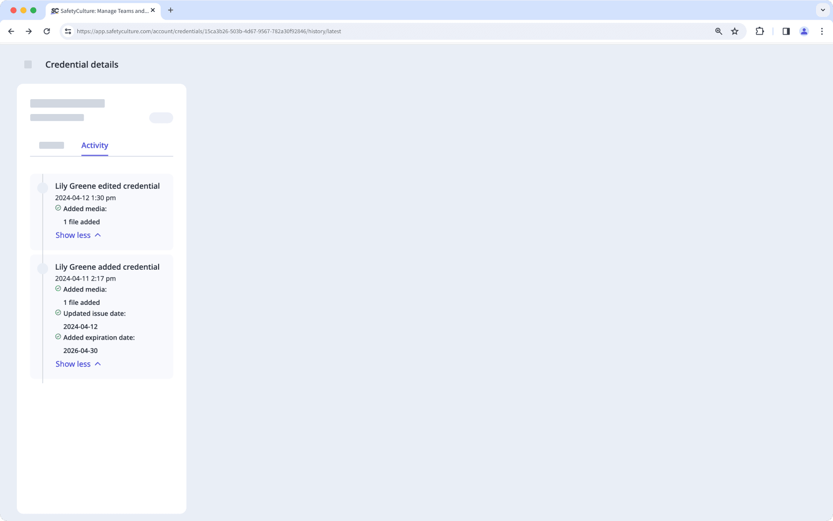 An example of a credential version's activity on the web app.