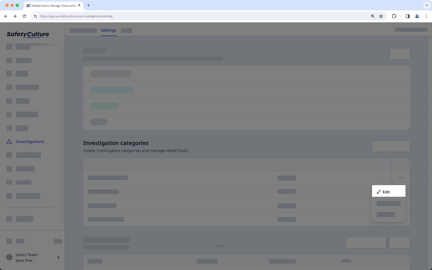 Edit an investigation category via the web app.