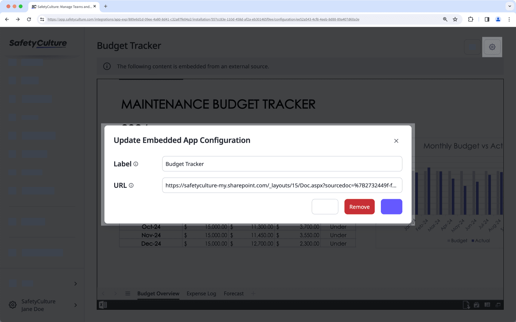 Remove embedded Microsoft Excel via the web app.