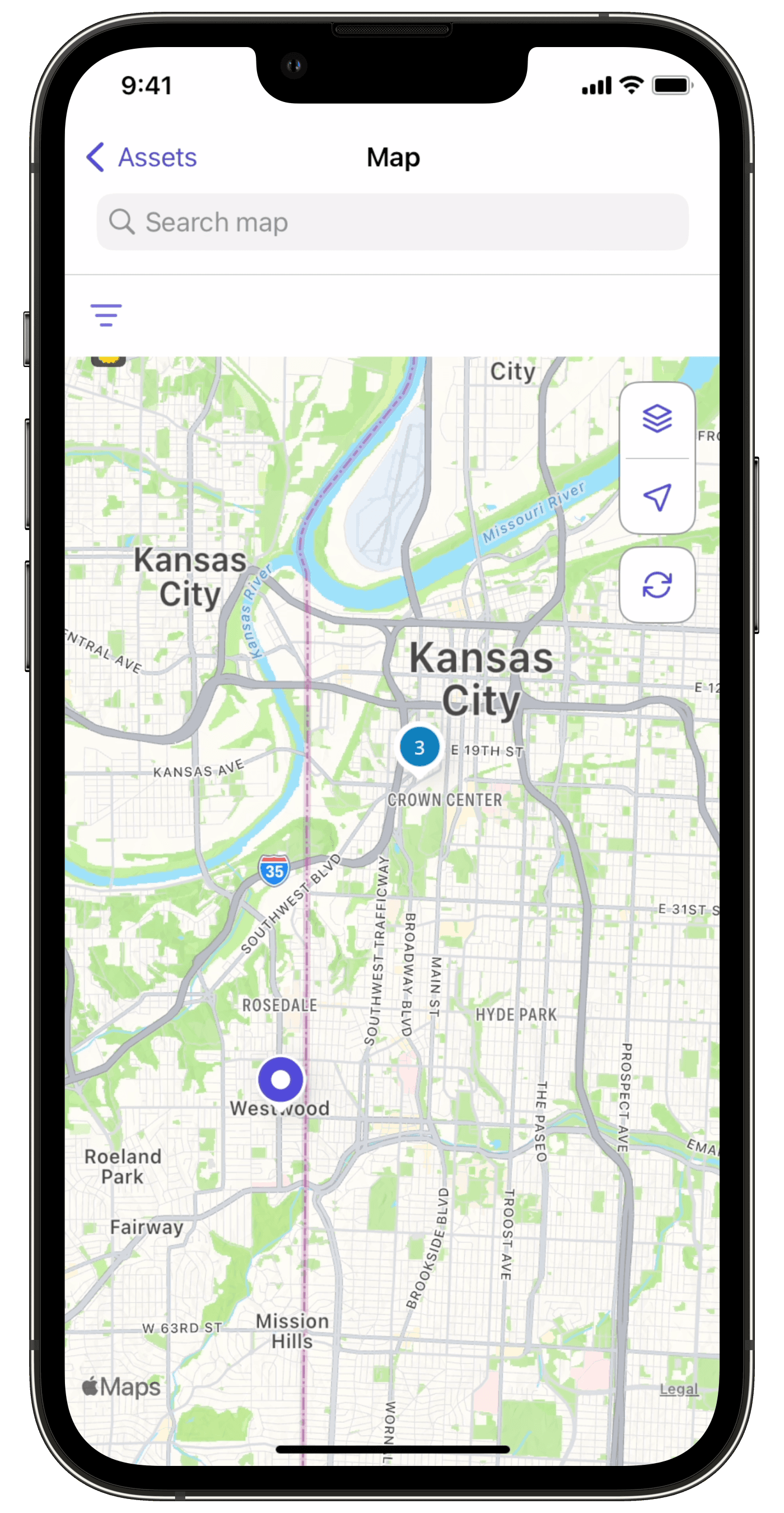 View assets' locations on the map via the mobile app.