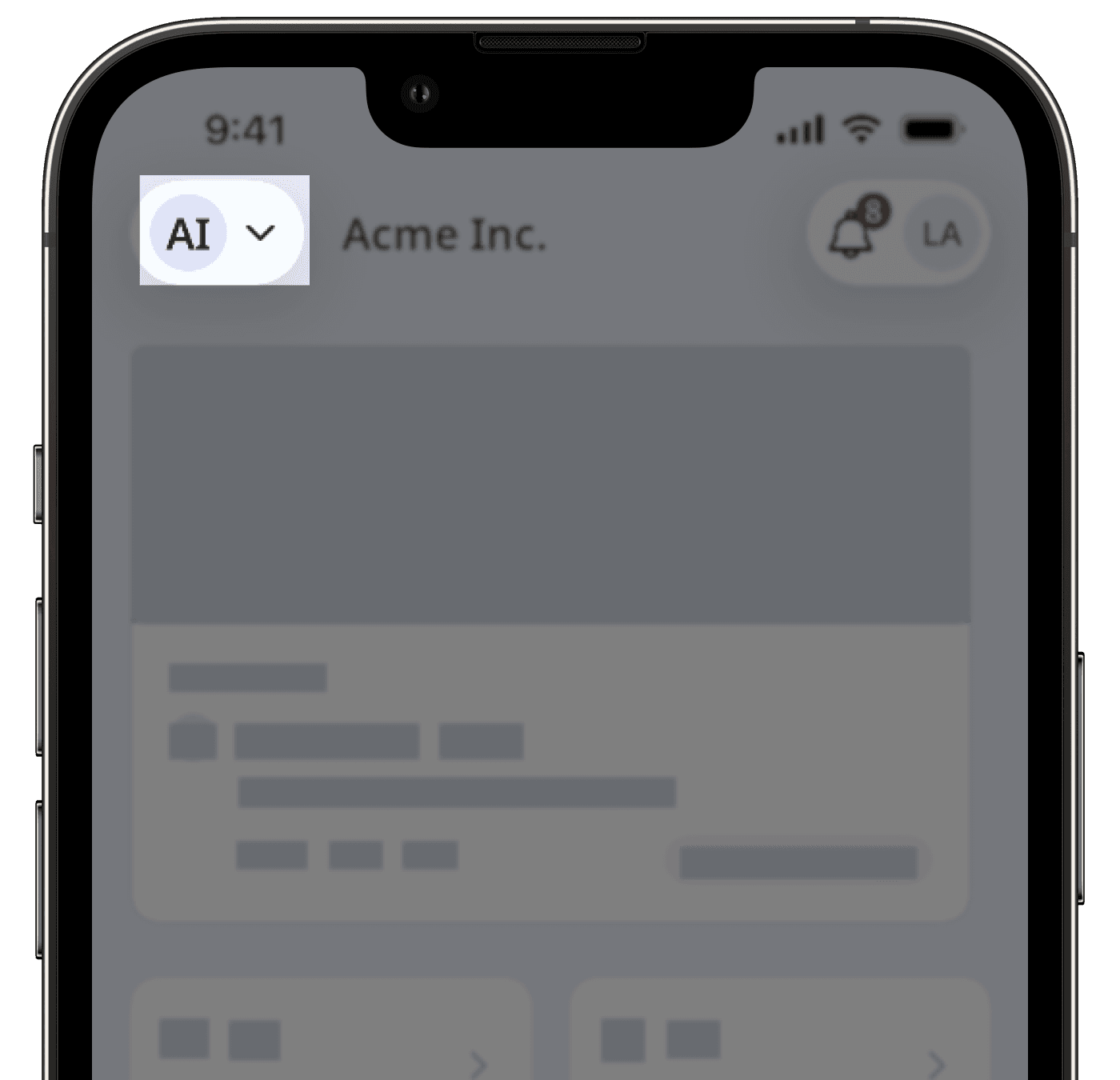 Switch from one organization to another via the mobile app by tapping the down arrow on the upper-left of the screen.
