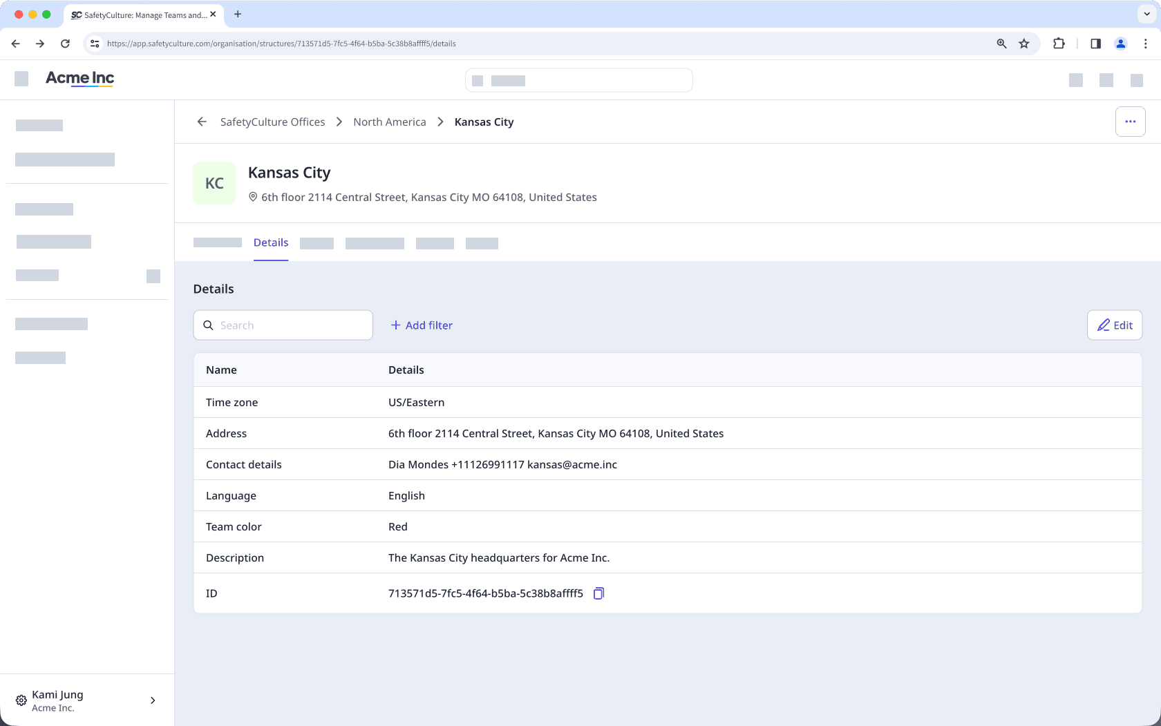 The Details tab of a site profile with organization fields.