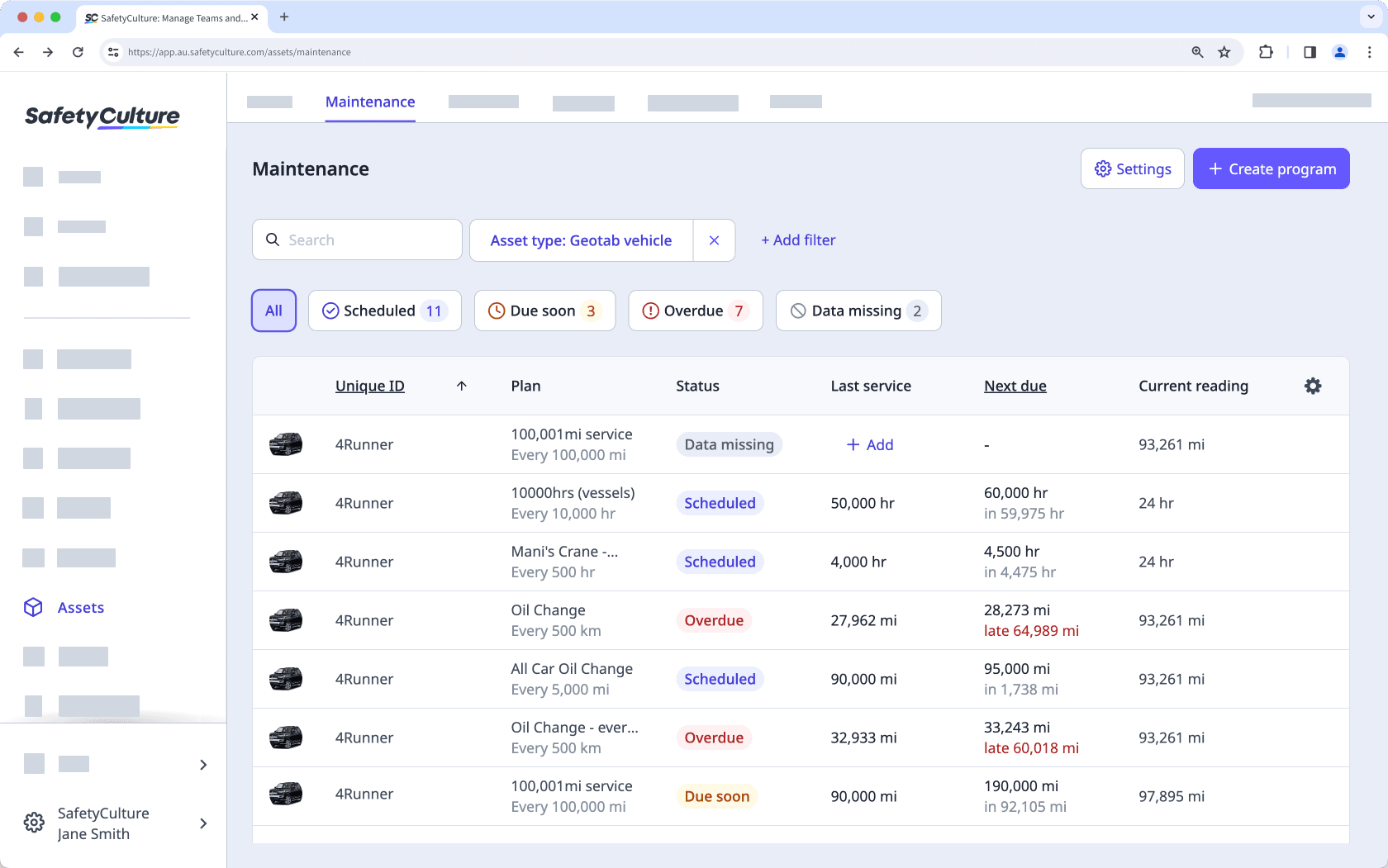 View asset maintenance programs via the web app.