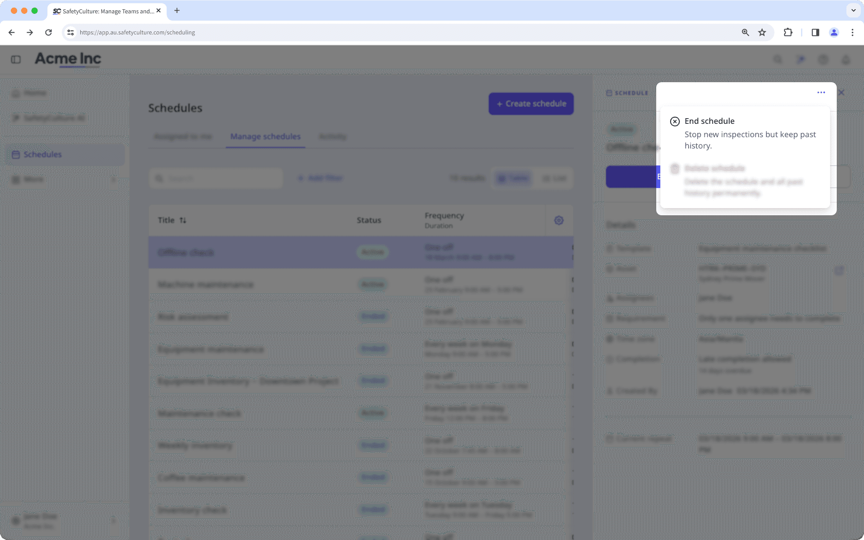 End a schedule via the web app.
