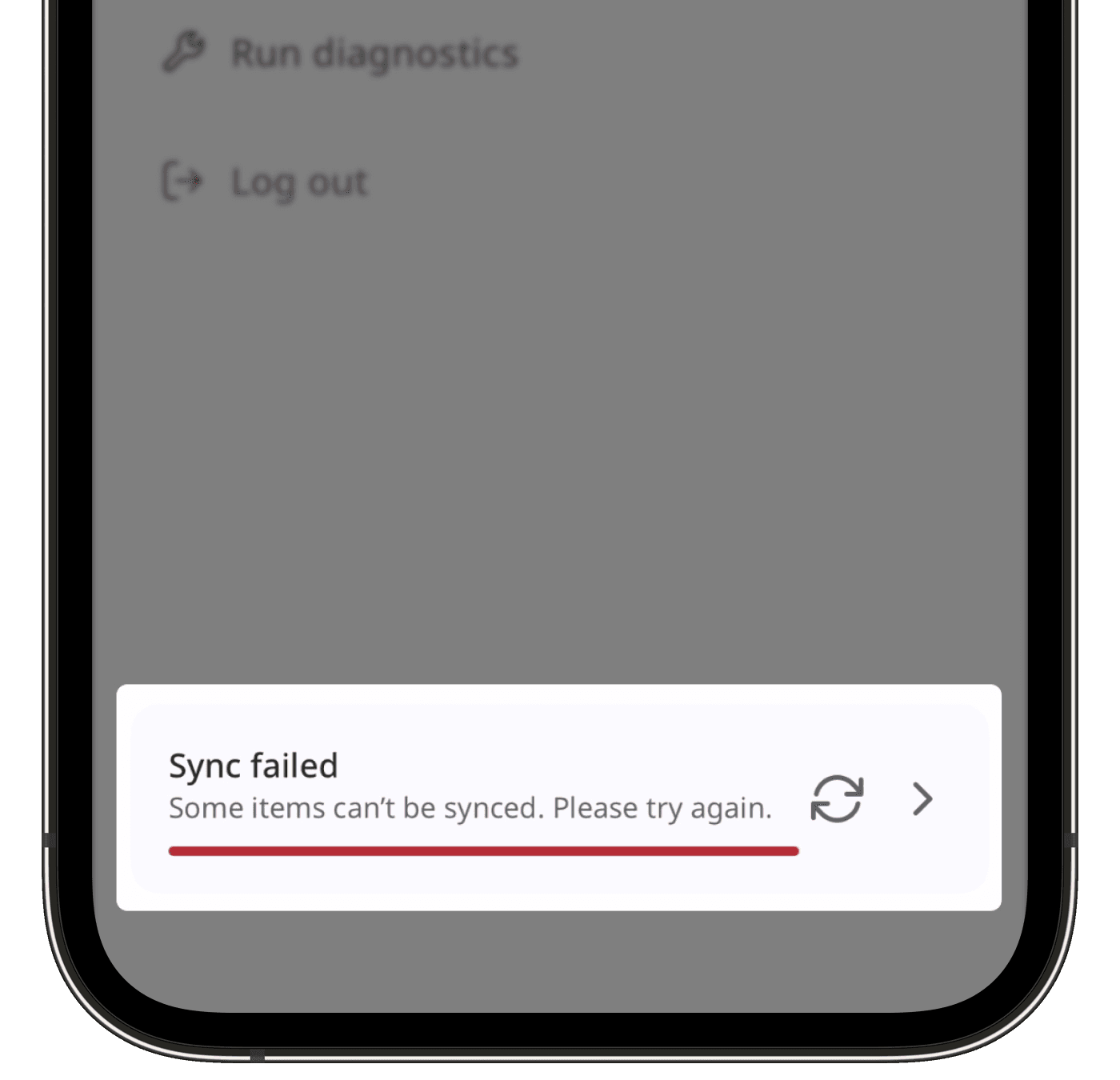 Error message "Sync failed" shown on the mobile app.
