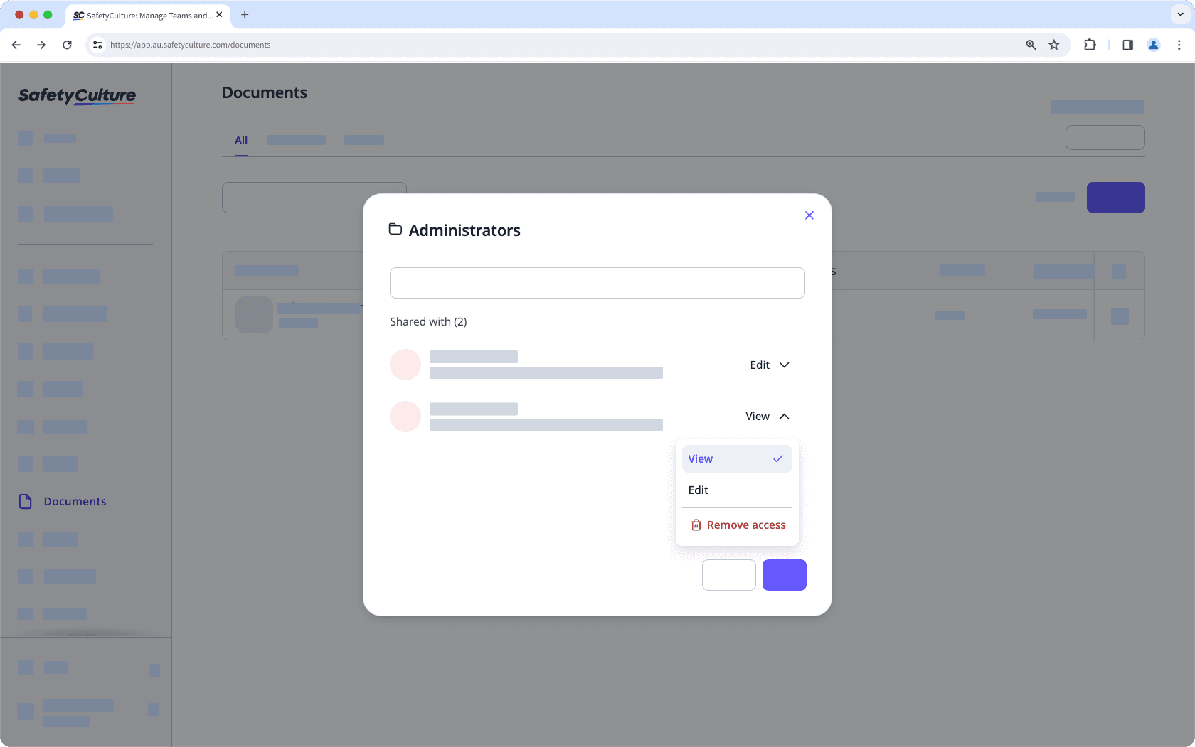 Manage access to Documents via the web app.
