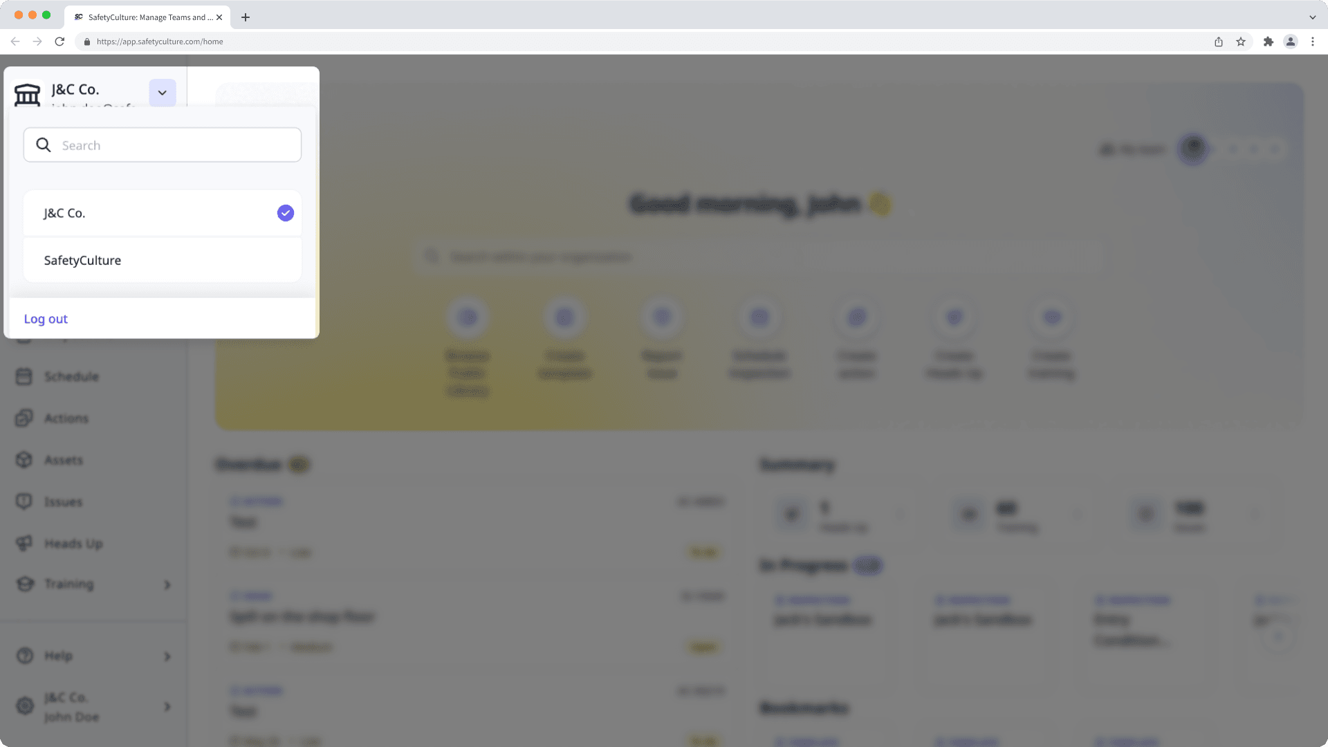 Switch from one organization to another via the web app.
