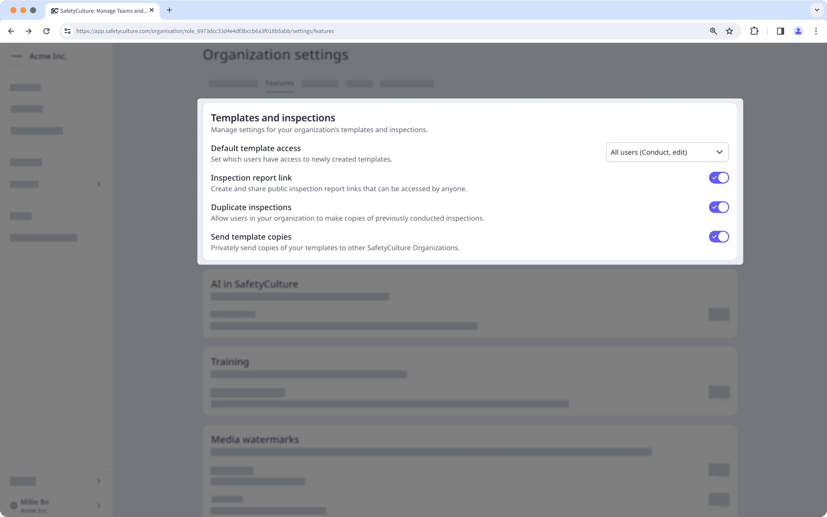 The Features tab in Organization settings with the settings for templates and inspections visible.