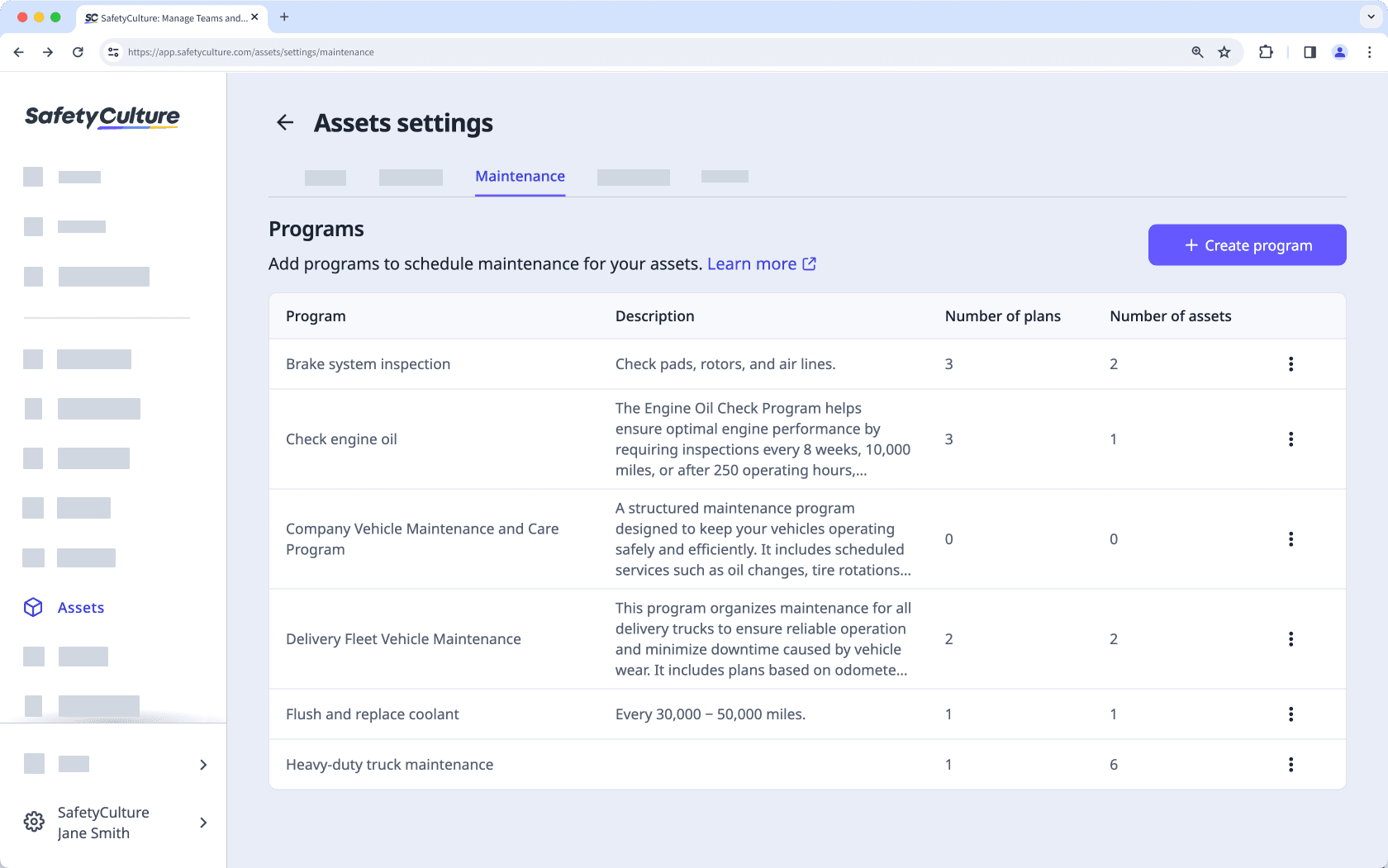 View asset maintenance programs via the web app.