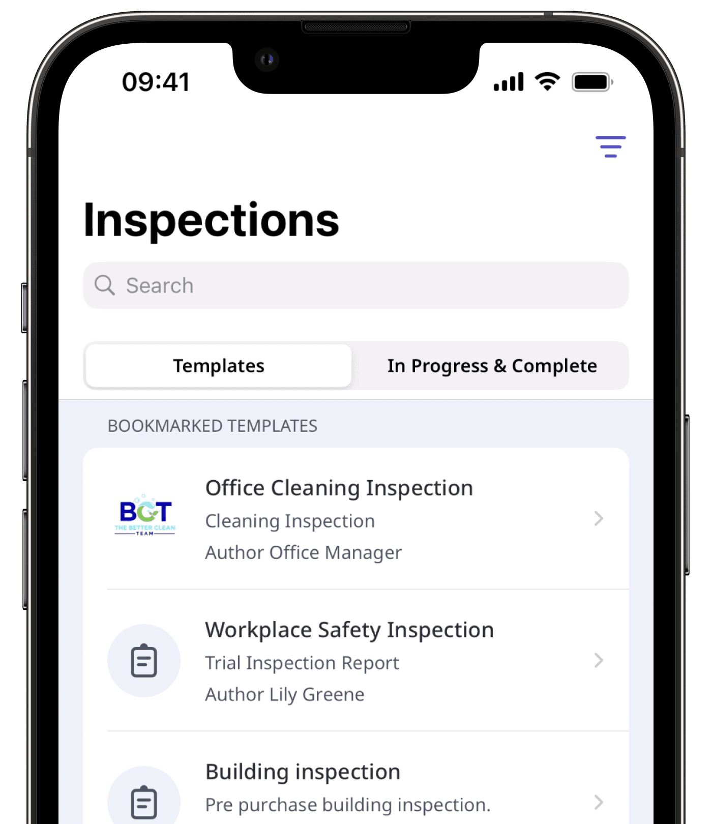Bookmarked templates on the mobile app.