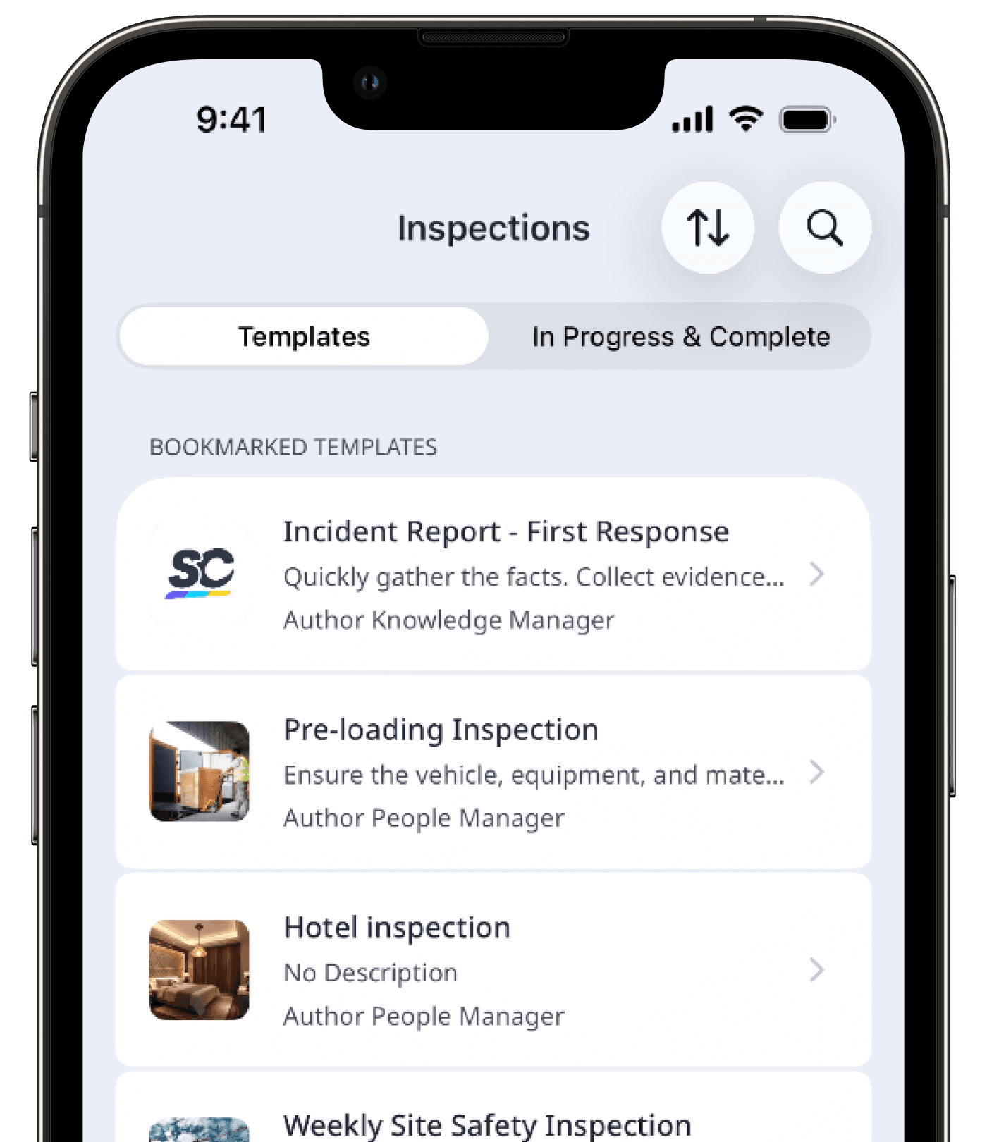 Bookmarked templates on the mobile app.