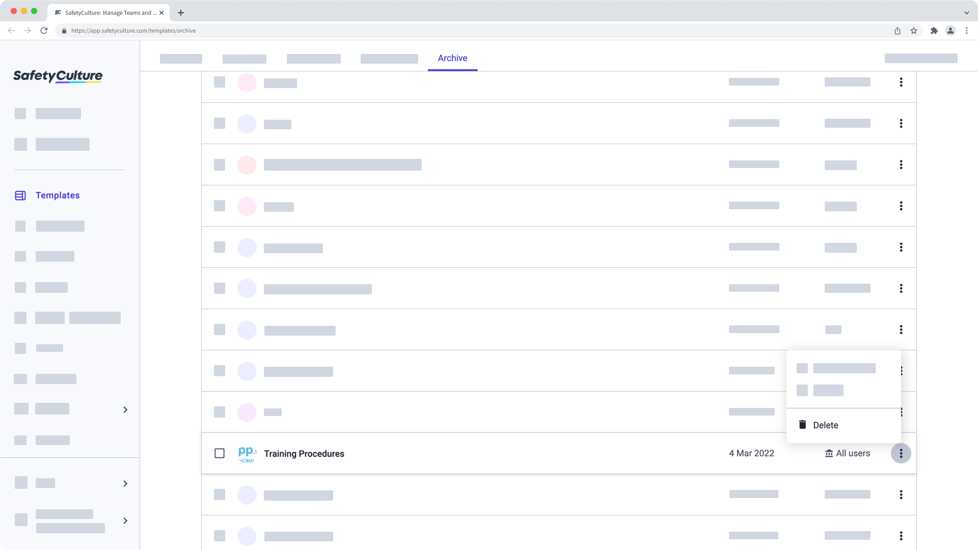 Delete a template from the archive on the web app.