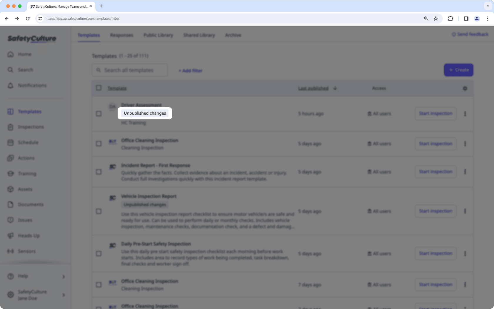 A template with an "unpublished changes" label on the web app.