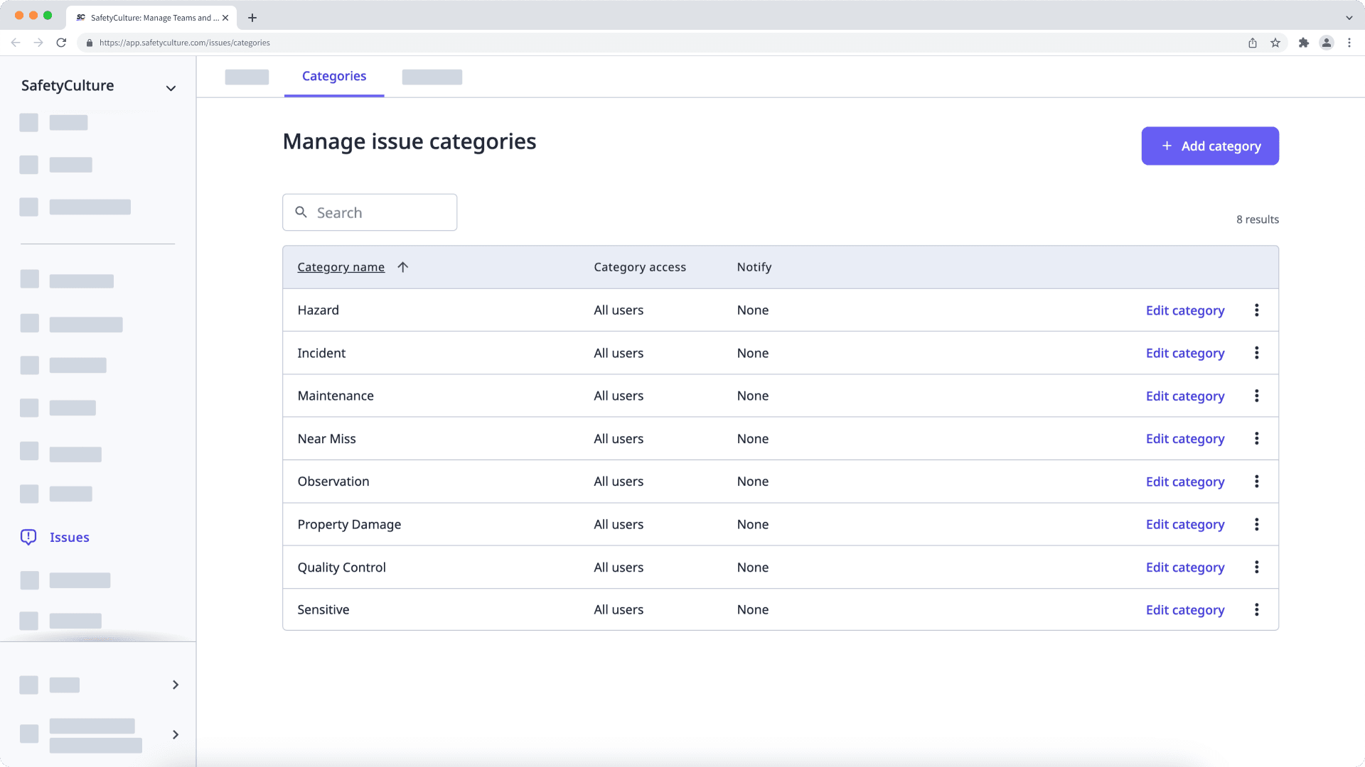 Manage issue categories via the web app.