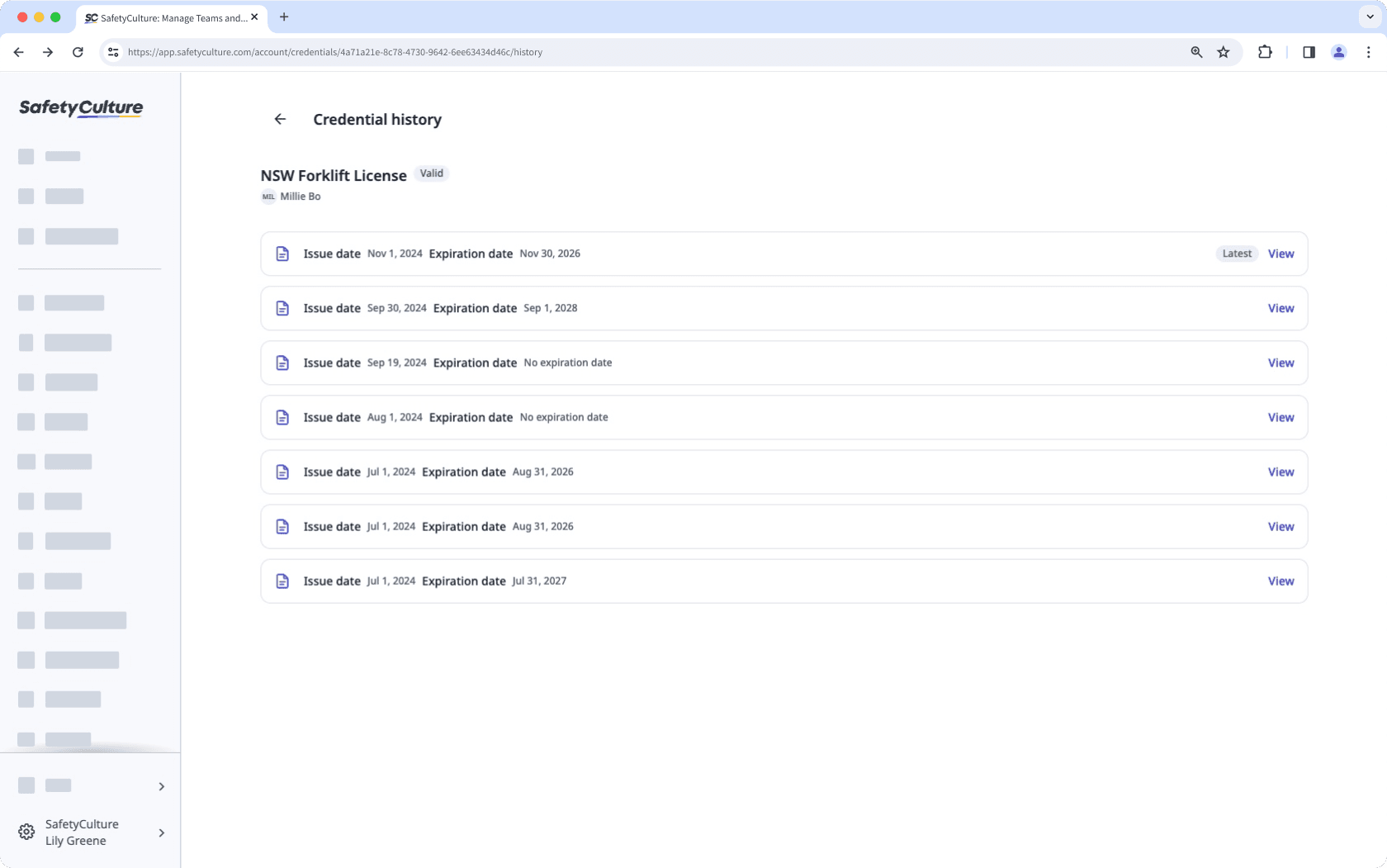 An example of a credential's history on the web app.