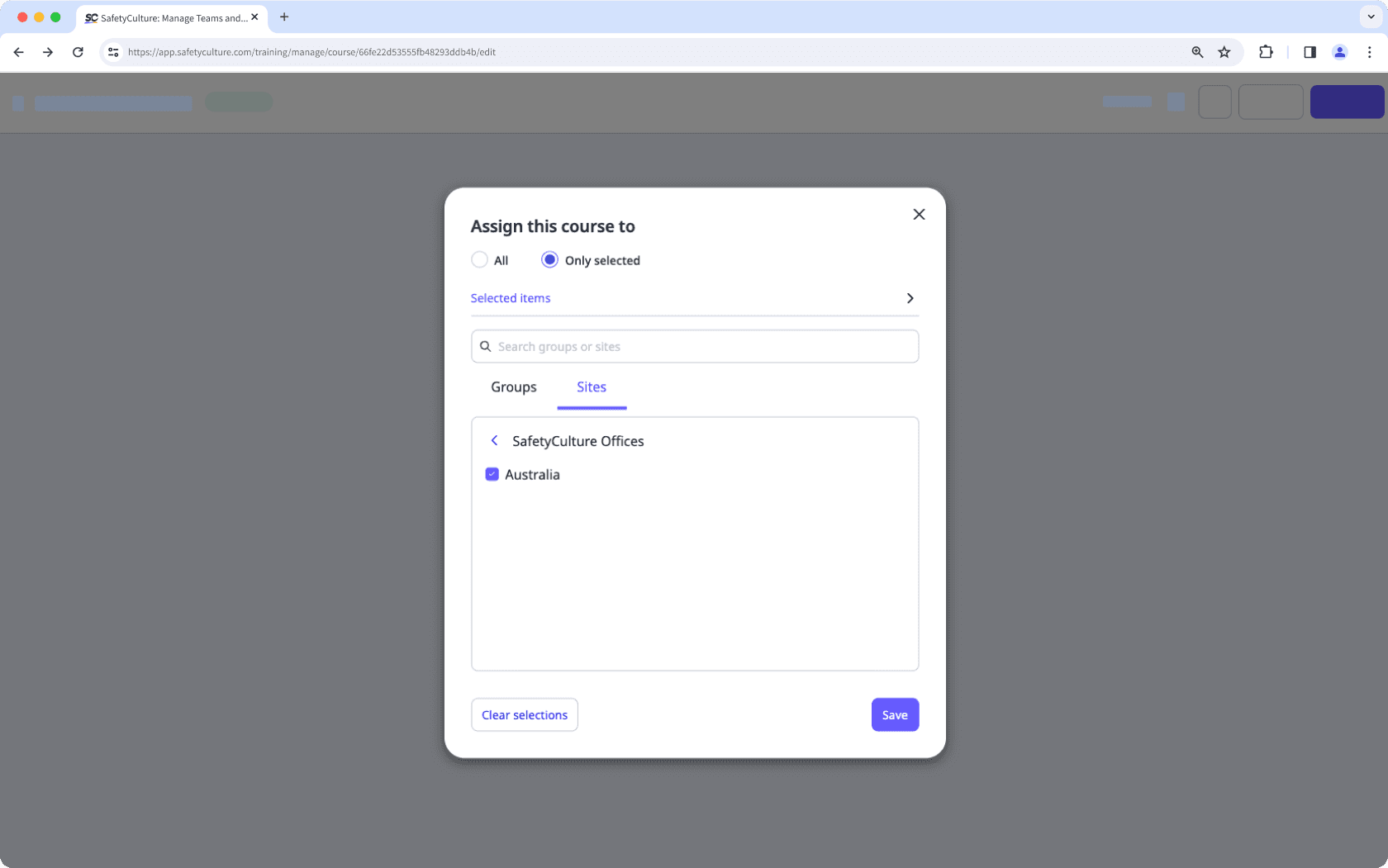 Assign courses to users on selected sites via the web app.