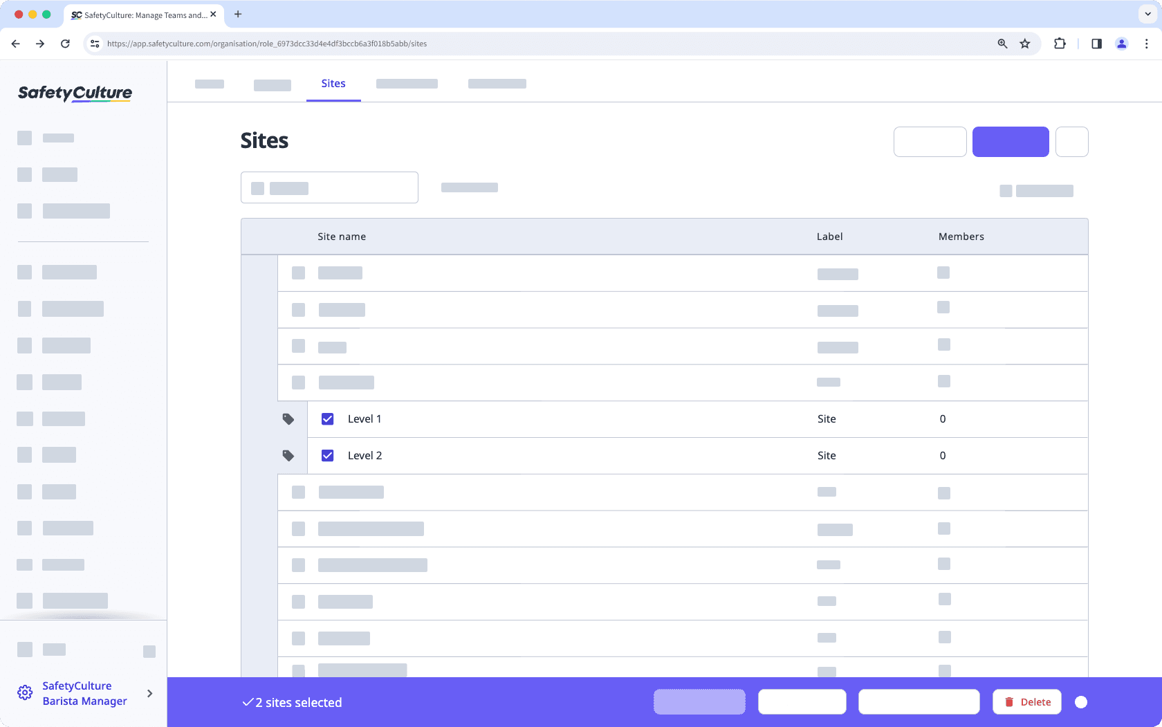 Bulk delete sites via the web app.