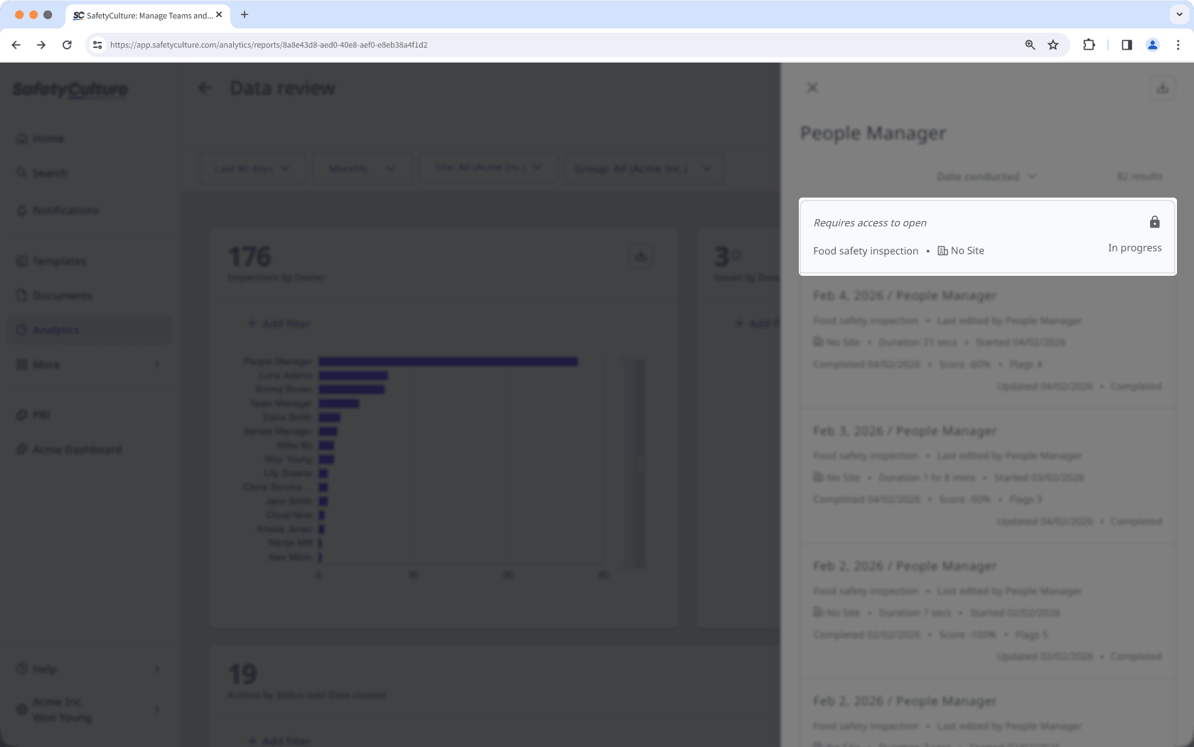 An inspection in the drill-down side panel in Analytics is locked when a user has no "View" access.