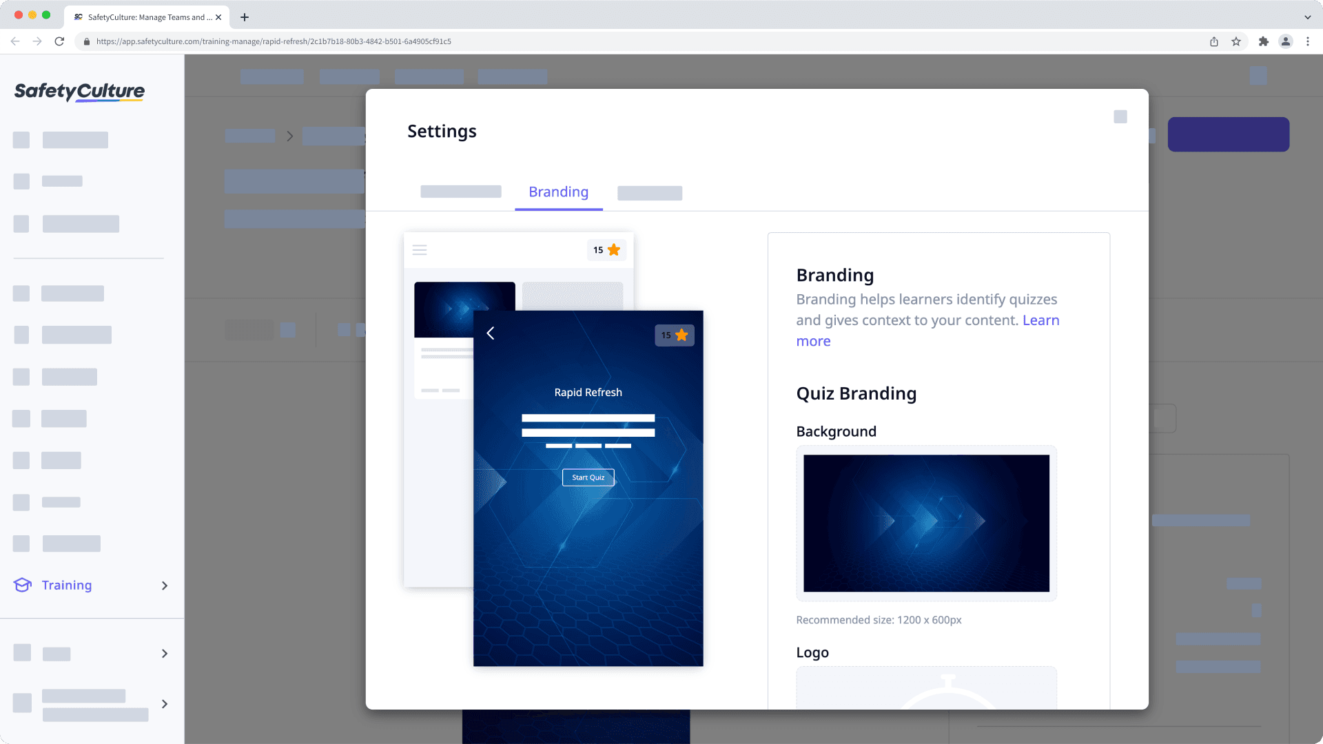 The "Branding" tab of a quiz on the web app.