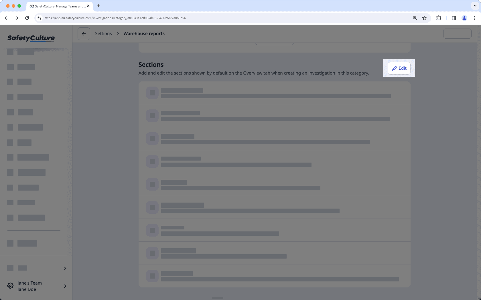 Edit a custom investigation section via the web app.