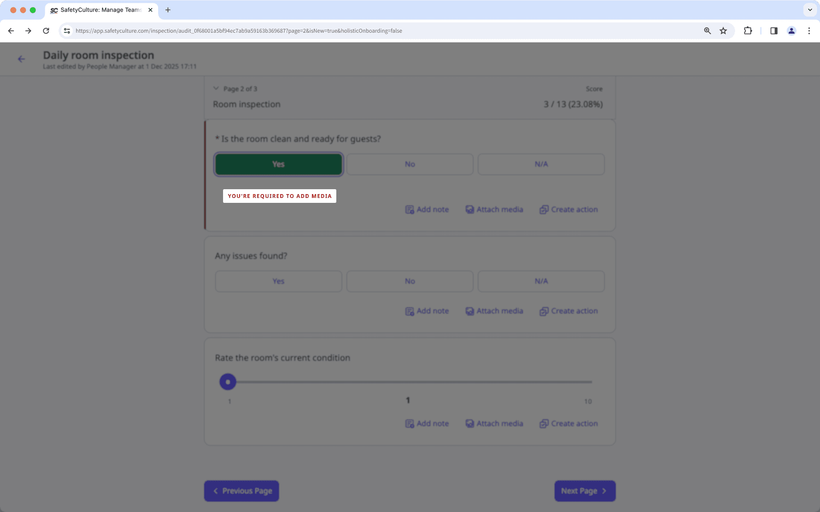 Require media when a specific response is selected in an inspection.