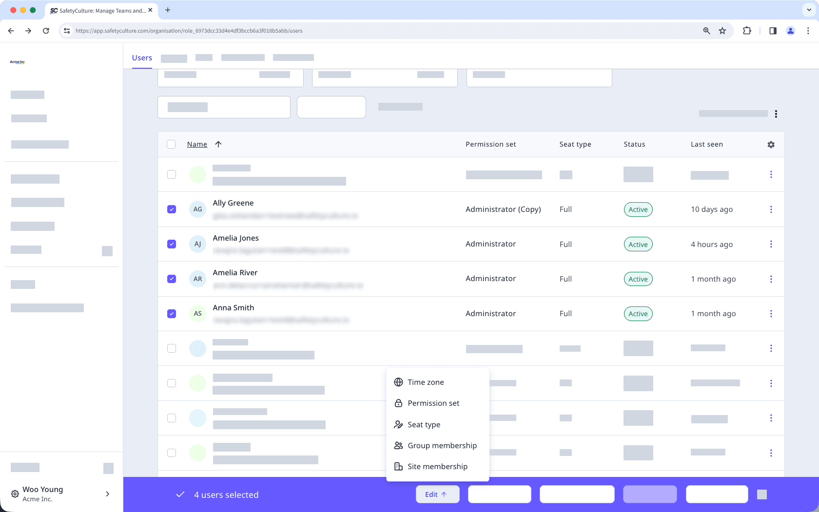 The Users page with multiple users selected, including the list of user details that can be edited in bulk.
