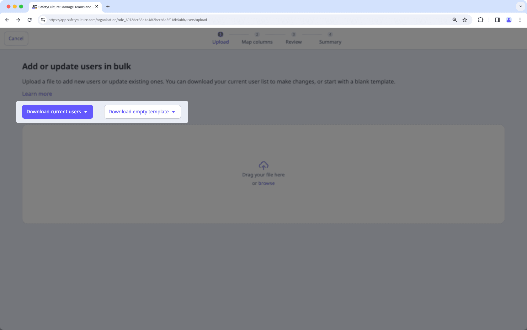 Download a list of current users in your organization or a blank template to add and update users using CSV via the web app.