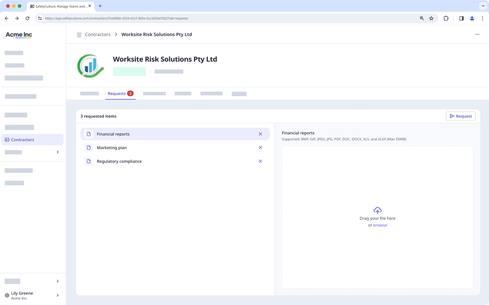 The Requests tab in the company profile showing a list of document requests.