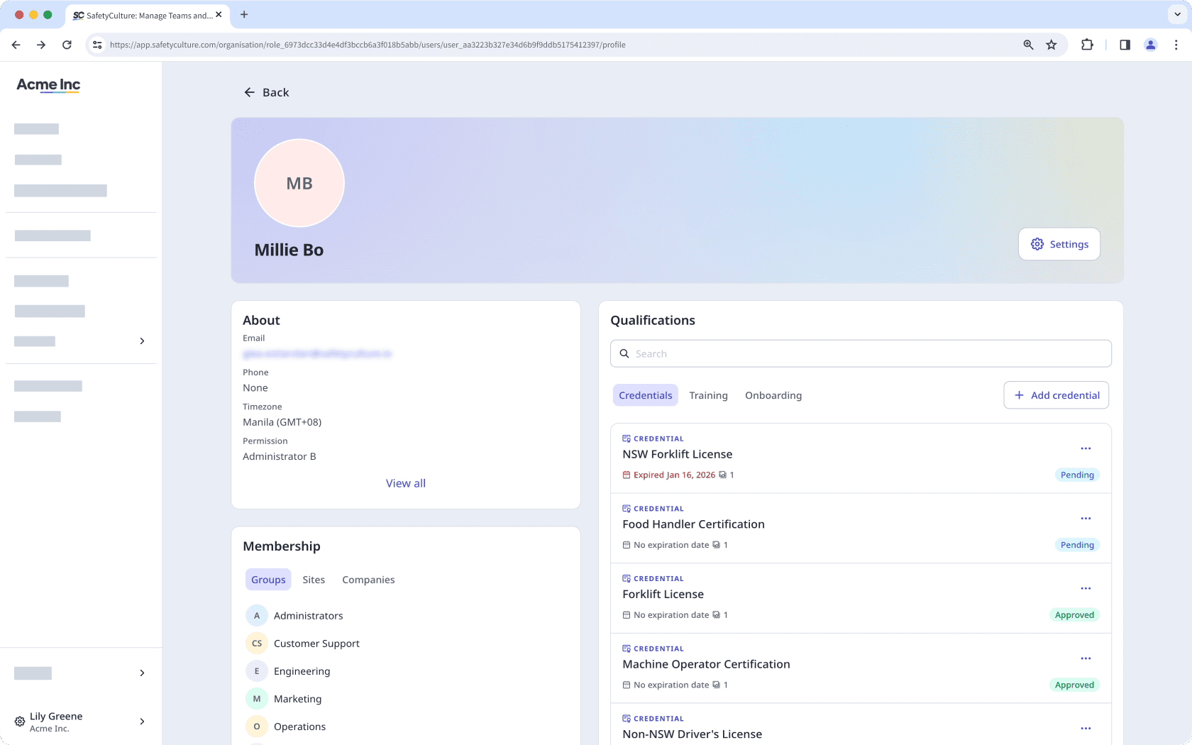 A user's profile which shows their account details, memberships, and qualifications.