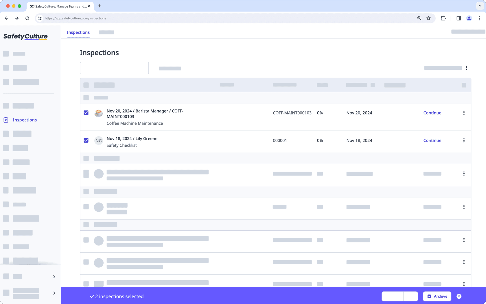 Bulk archive inspections via the web app.